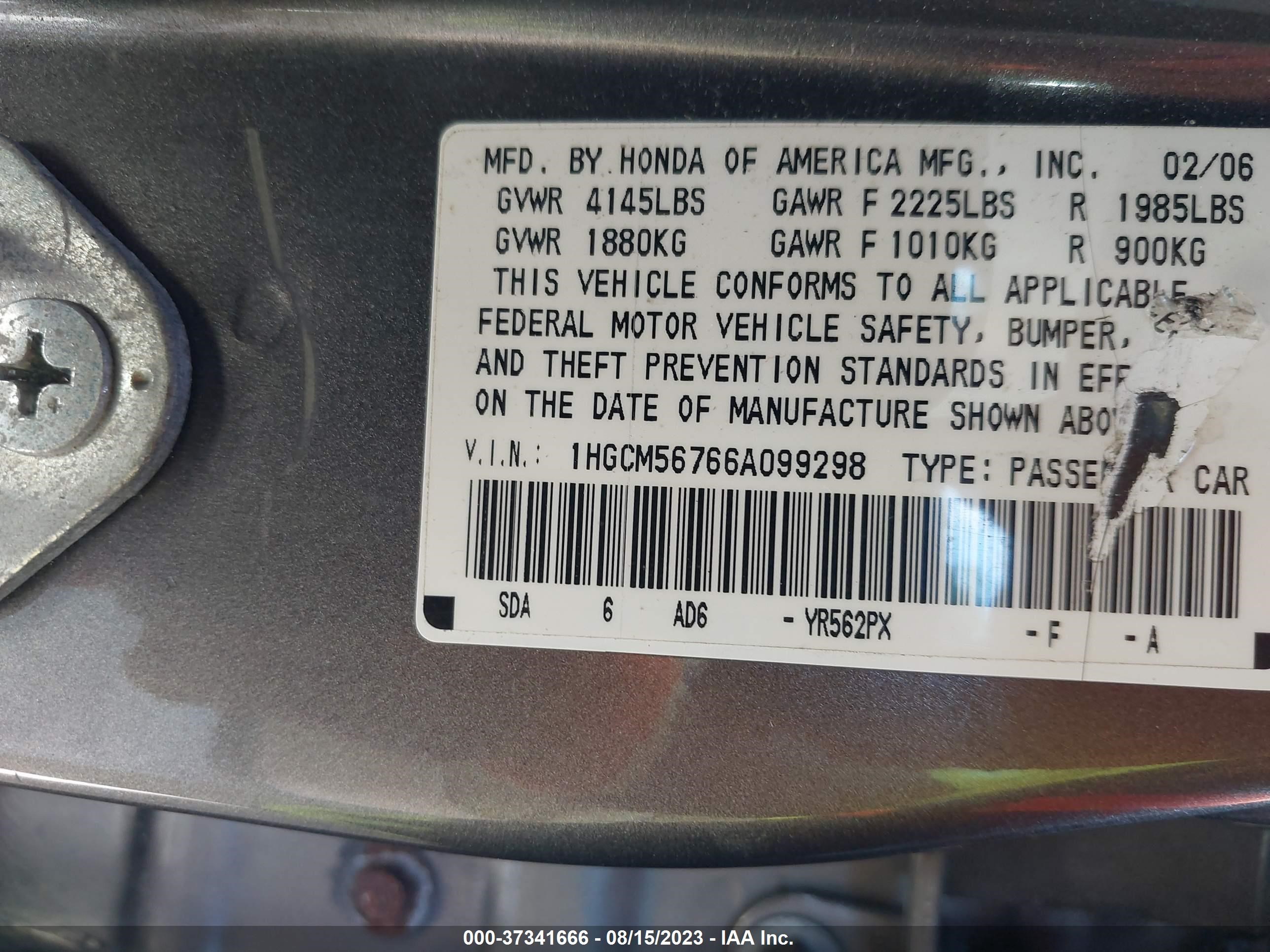 Photo 8 VIN: 2HGCM56766A099298 - HONDA ACCORD 