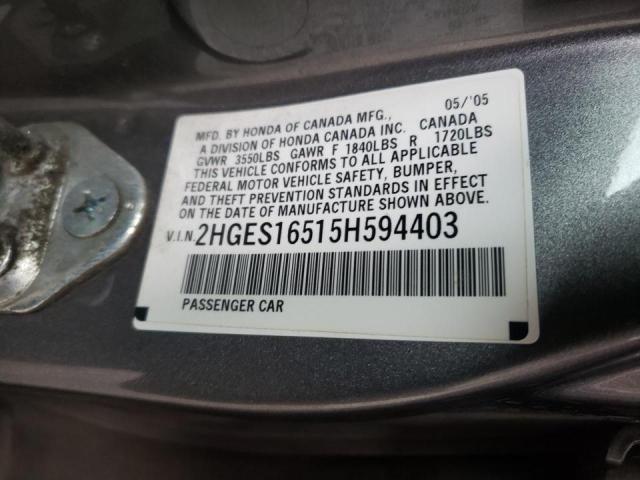 Photo 9 VIN: 2HGES16515H594403 - HONDA CIVIC LX 