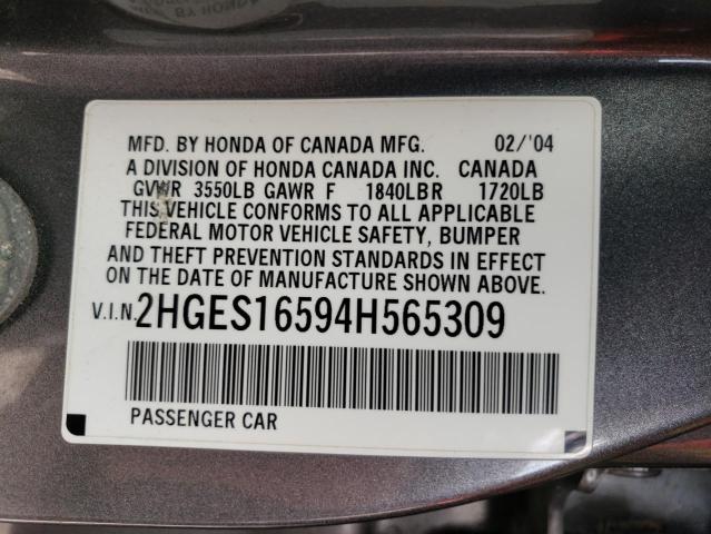 Photo 11 VIN: 2HGES16594H565309 - HONDA CIVIC LX 