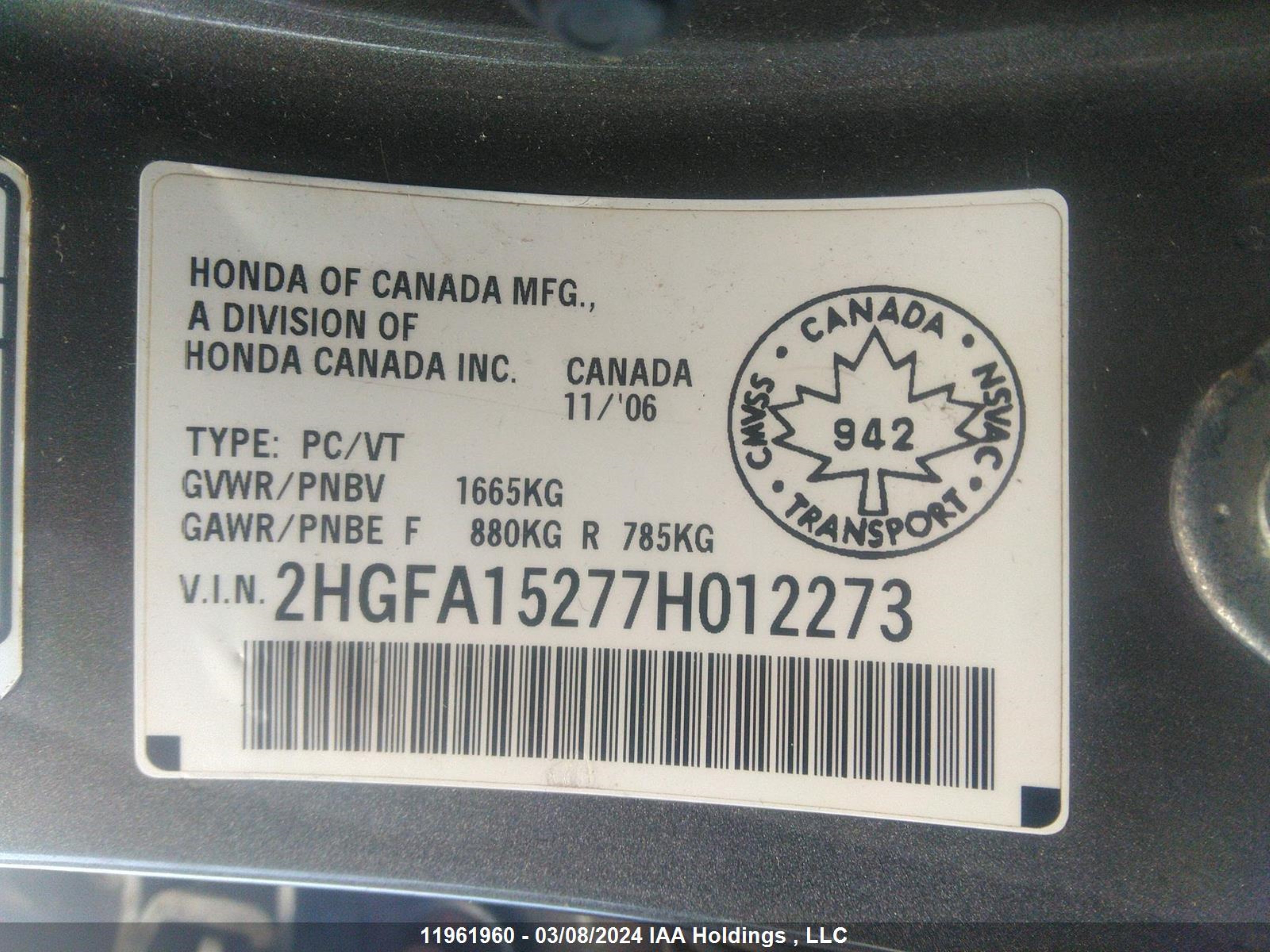 Photo 8 VIN: 2HGFA15277H012273 - HONDA CIVIC 