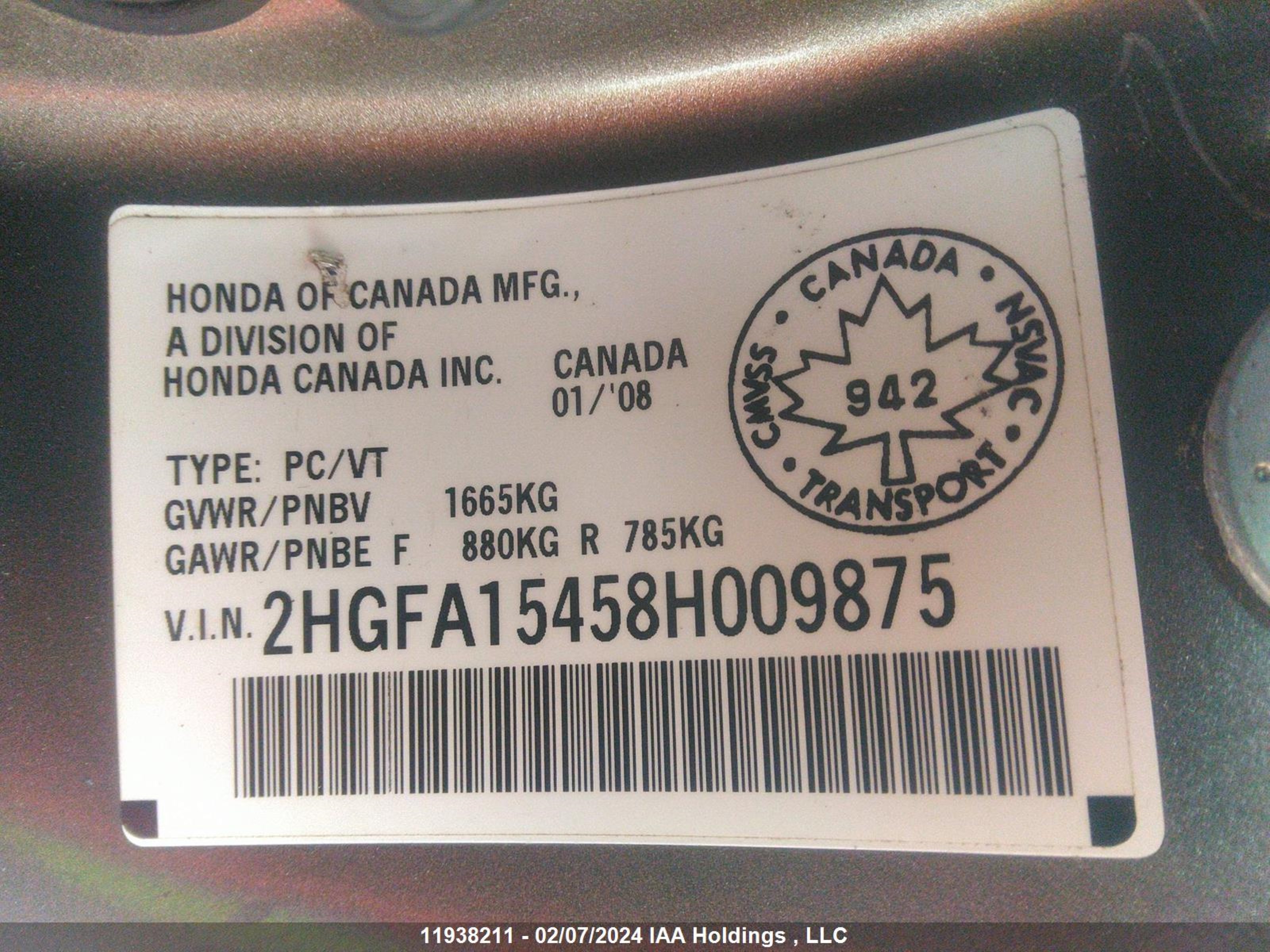 Photo 8 VIN: 2HGFA15458H009875 - HONDA CIVIC 