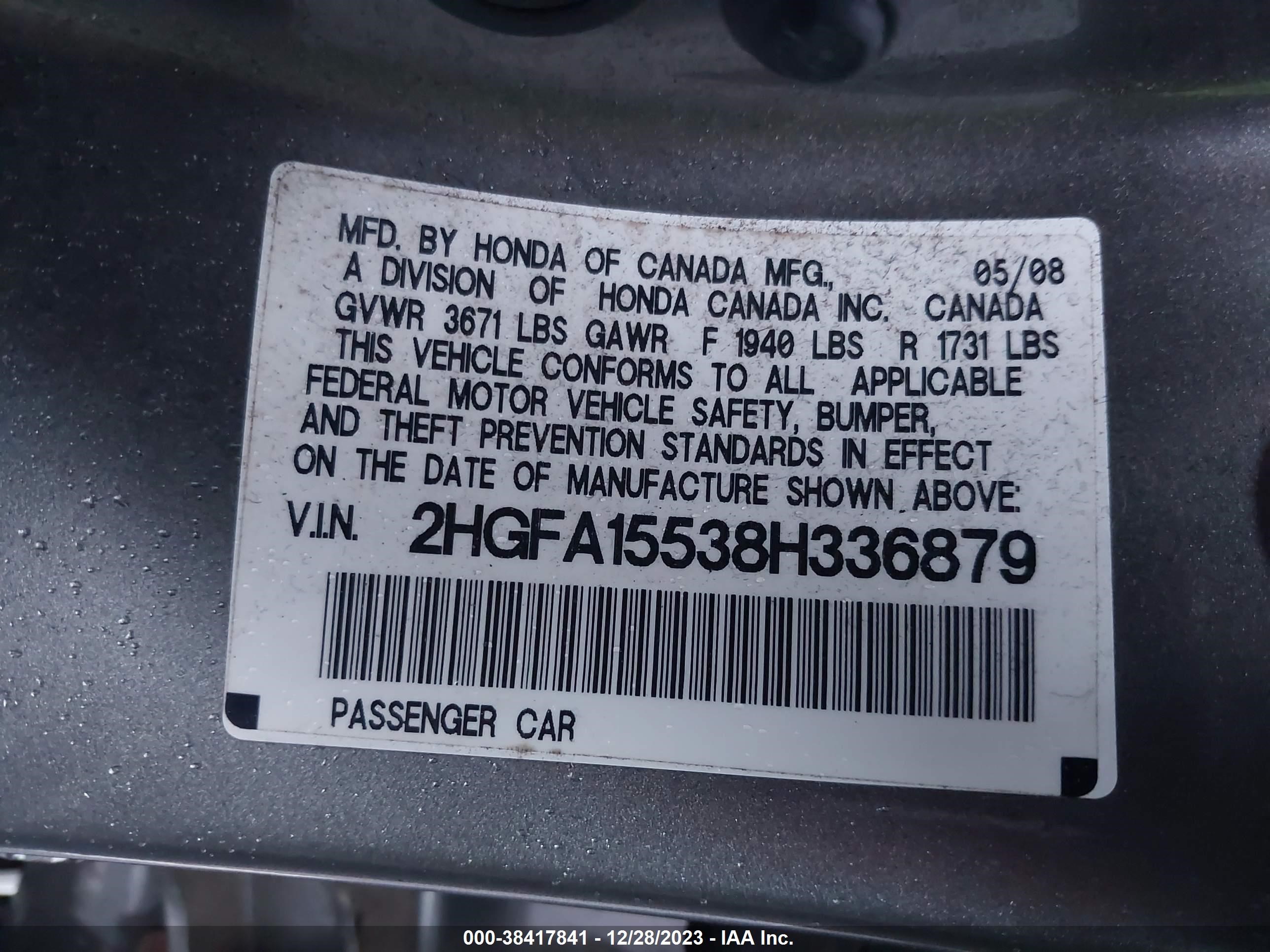 Photo 8 VIN: 2HGFA15538H336879 - HONDA CIVIC 