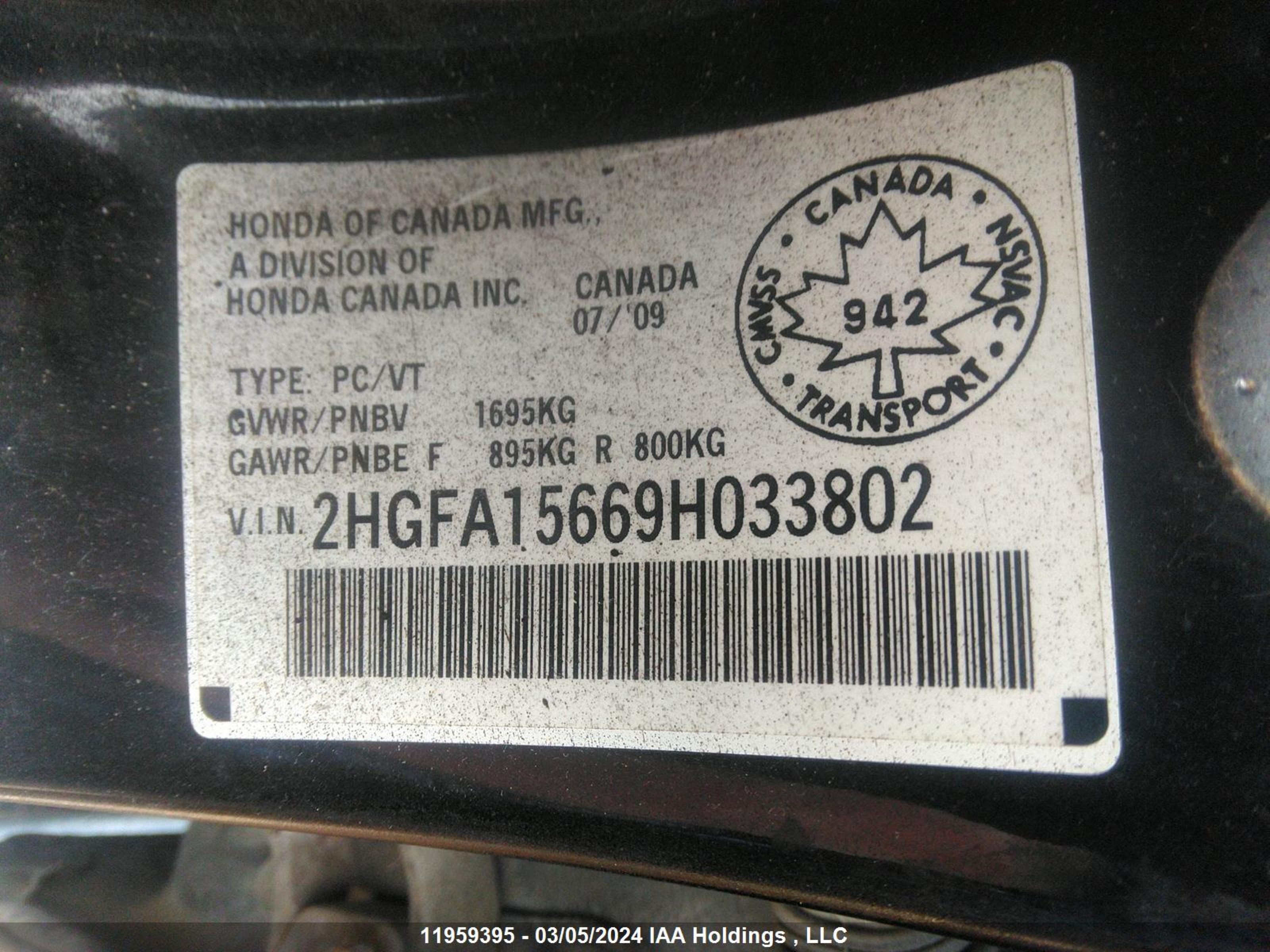 Photo 8 VIN: 2HGFA15669H033802 - HONDA CIVIC 