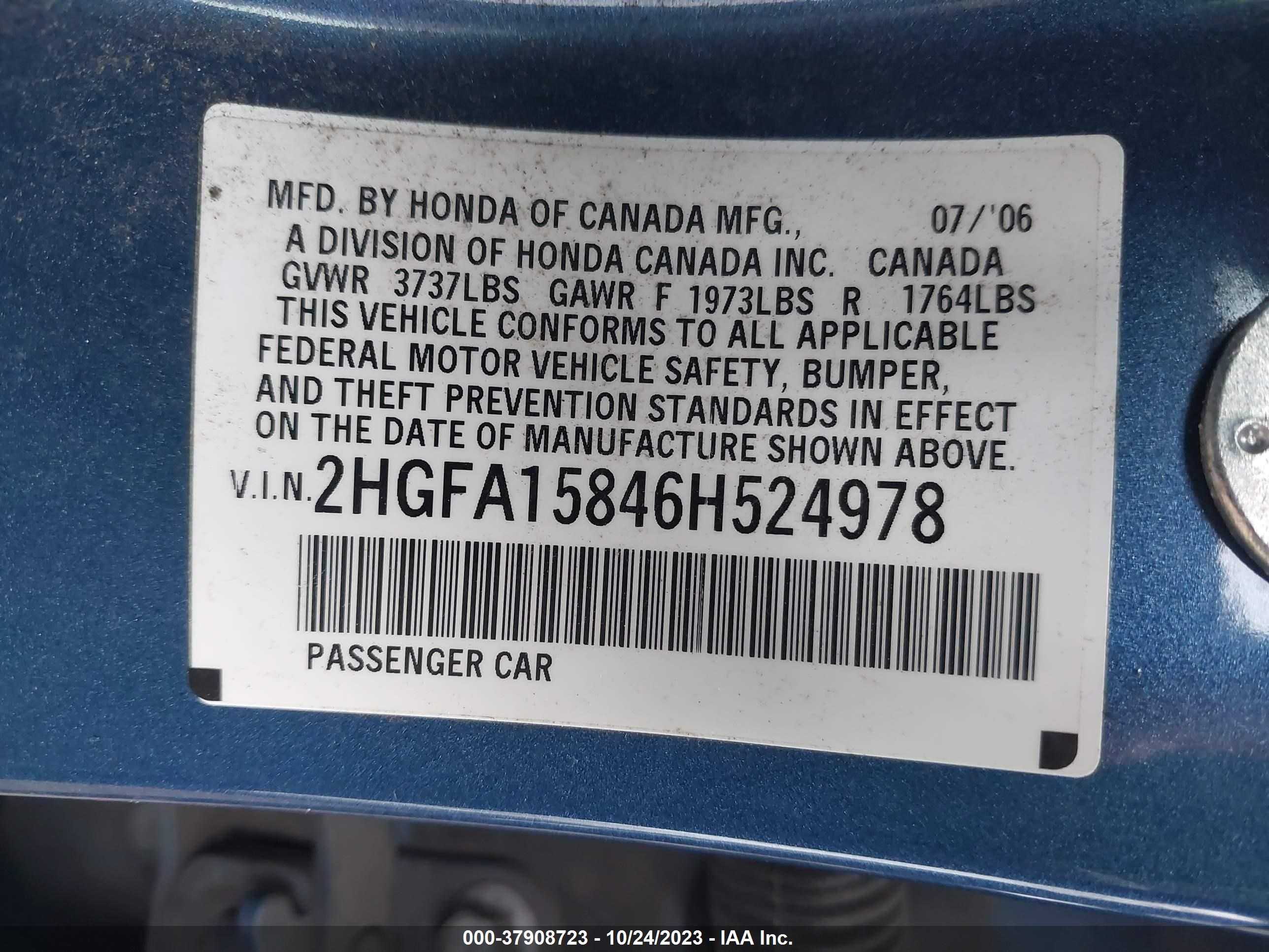 Photo 8 VIN: 2HGFA15846H524978 - HONDA CIVIC 