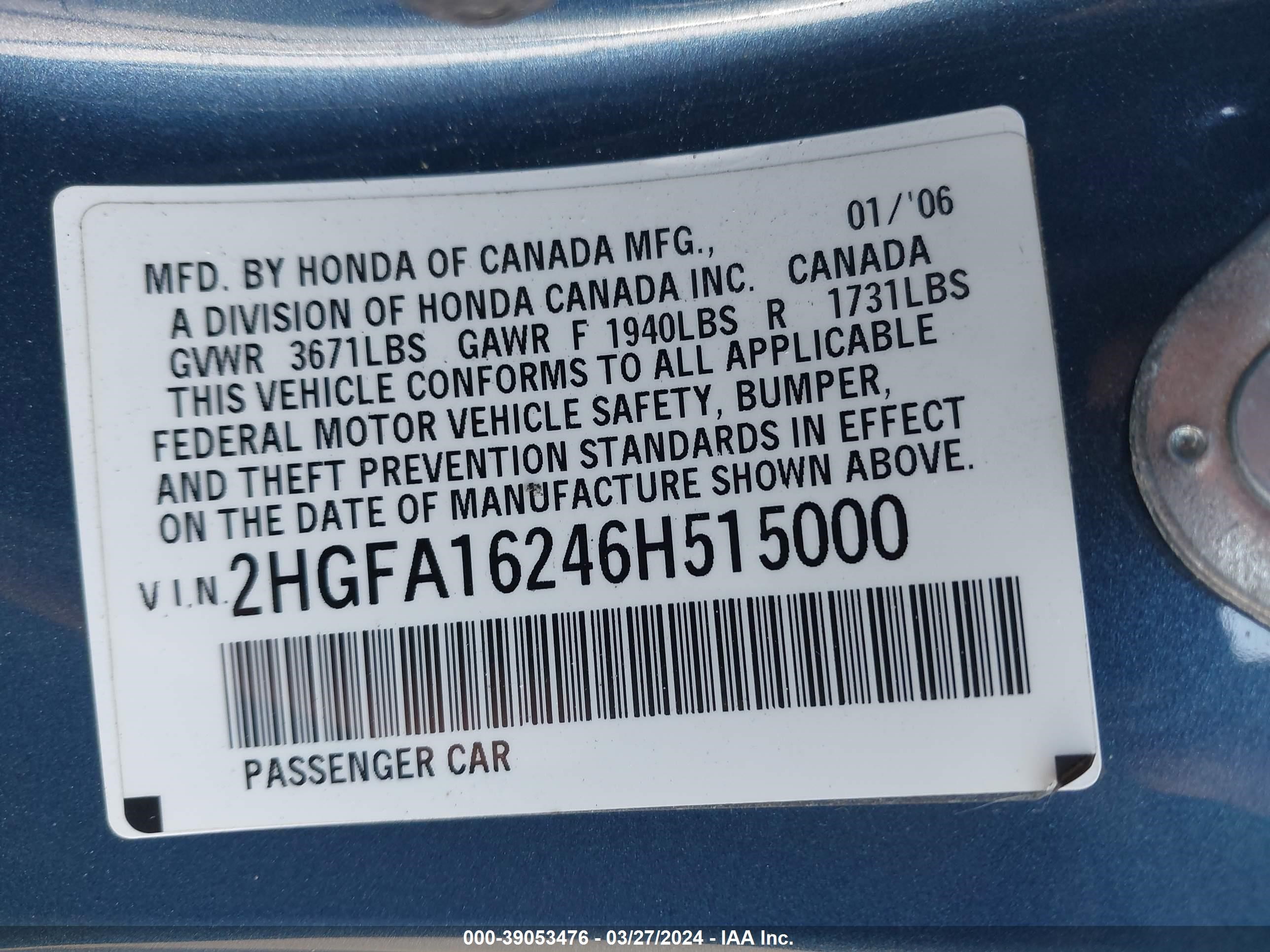 Photo 8 VIN: 2HGFA16246H515000 - HONDA CIVIC 