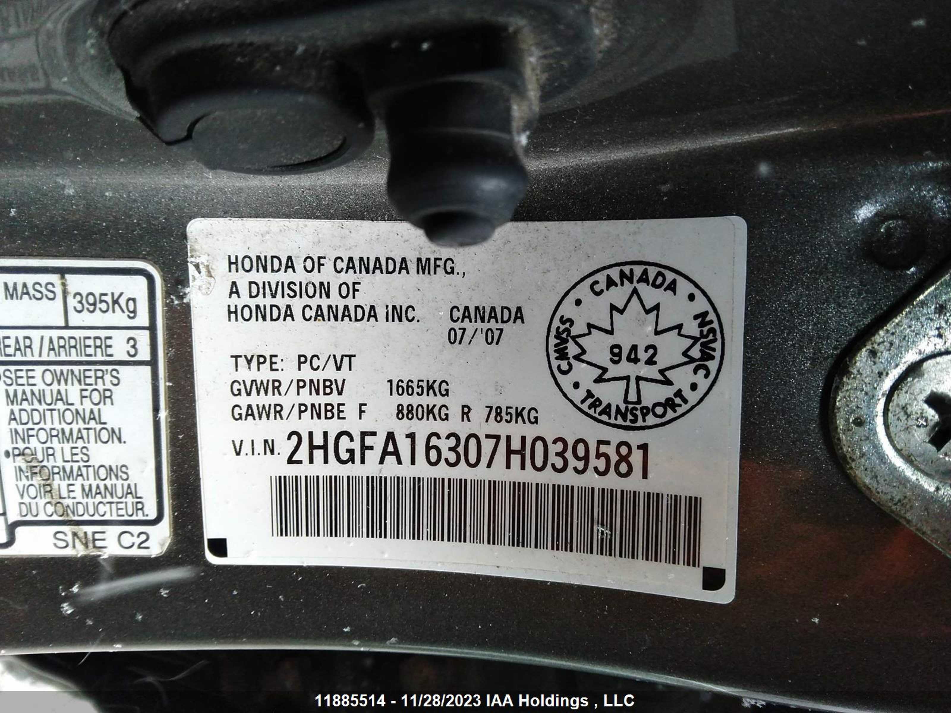 Photo 8 VIN: 2HGFA16307H039581 - HONDA CIVIC 