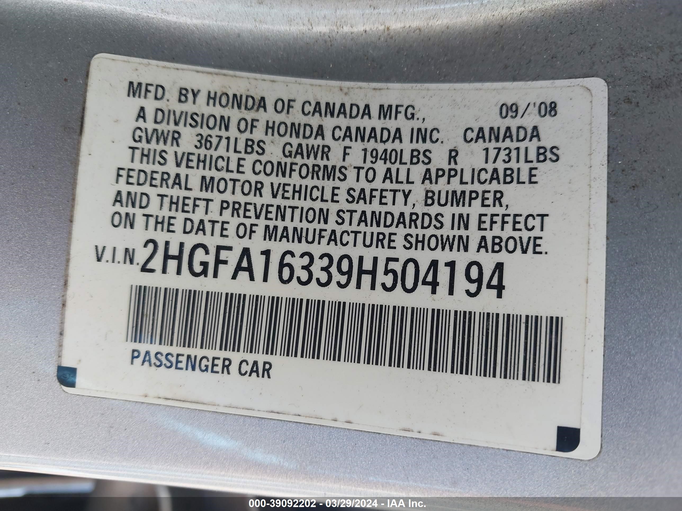 Photo 8 VIN: 2HGFA16339H504194 - HONDA CIVIC 