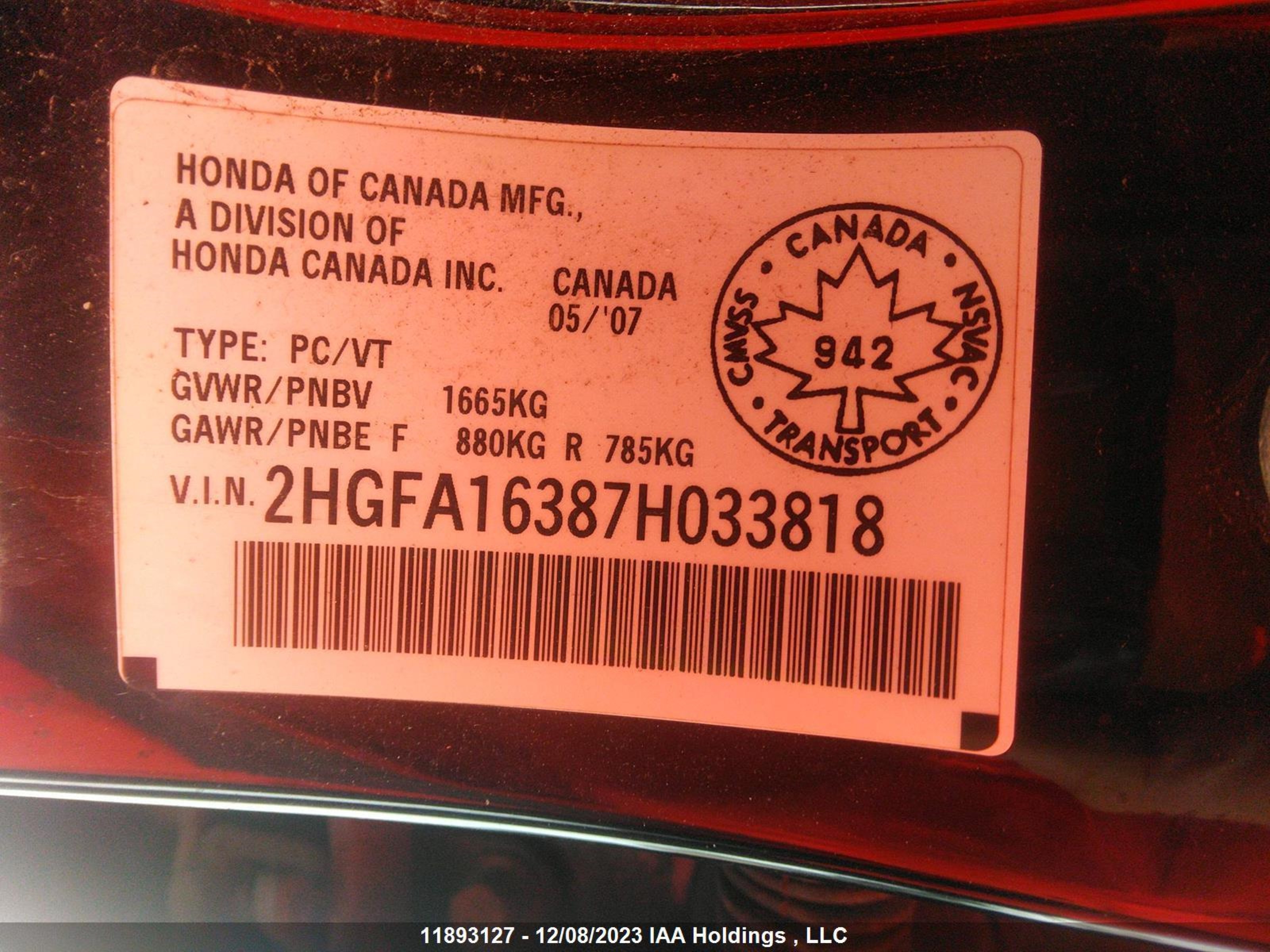 Photo 8 VIN: 2HGFA16387H033818 - HONDA CIVIC 