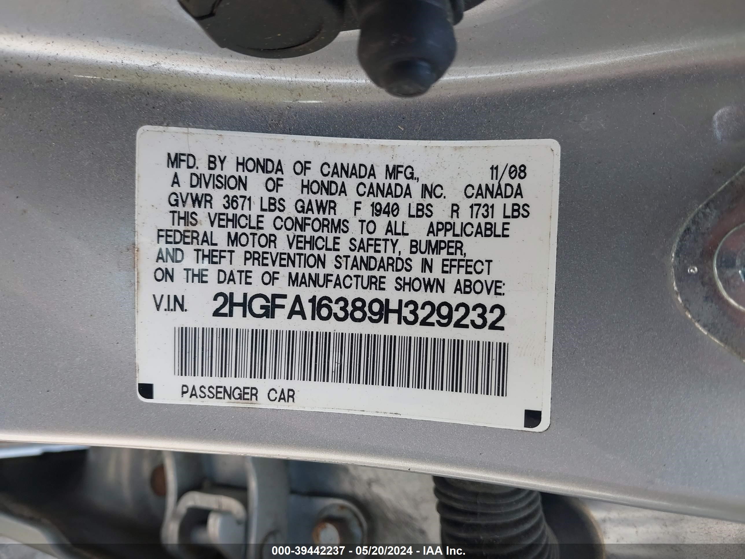 Photo 8 VIN: 2HGFA16389H329232 - HONDA CIVIC 