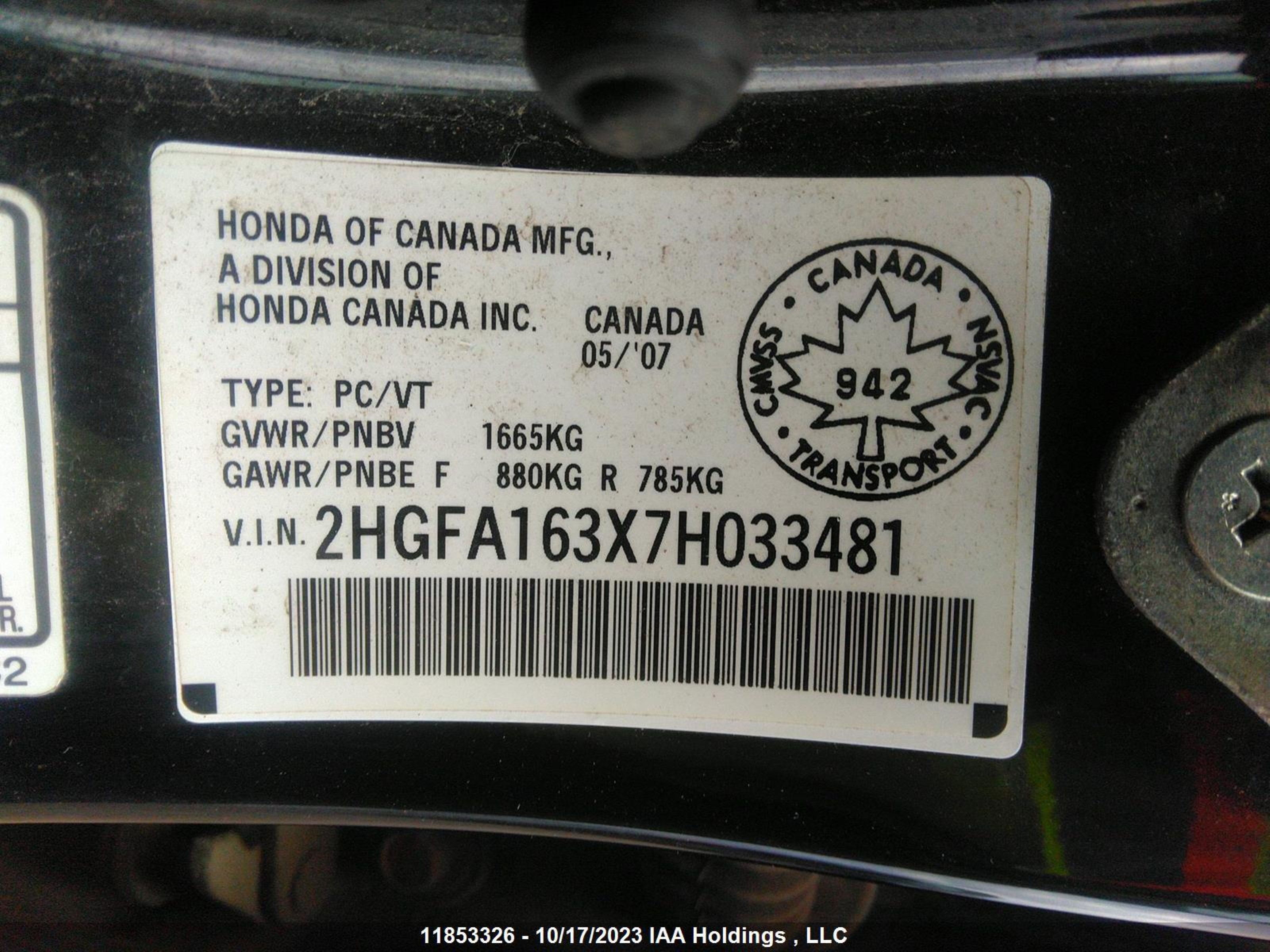 Photo 8 VIN: 2HGFA163X7H033481 - HONDA CIVIC 