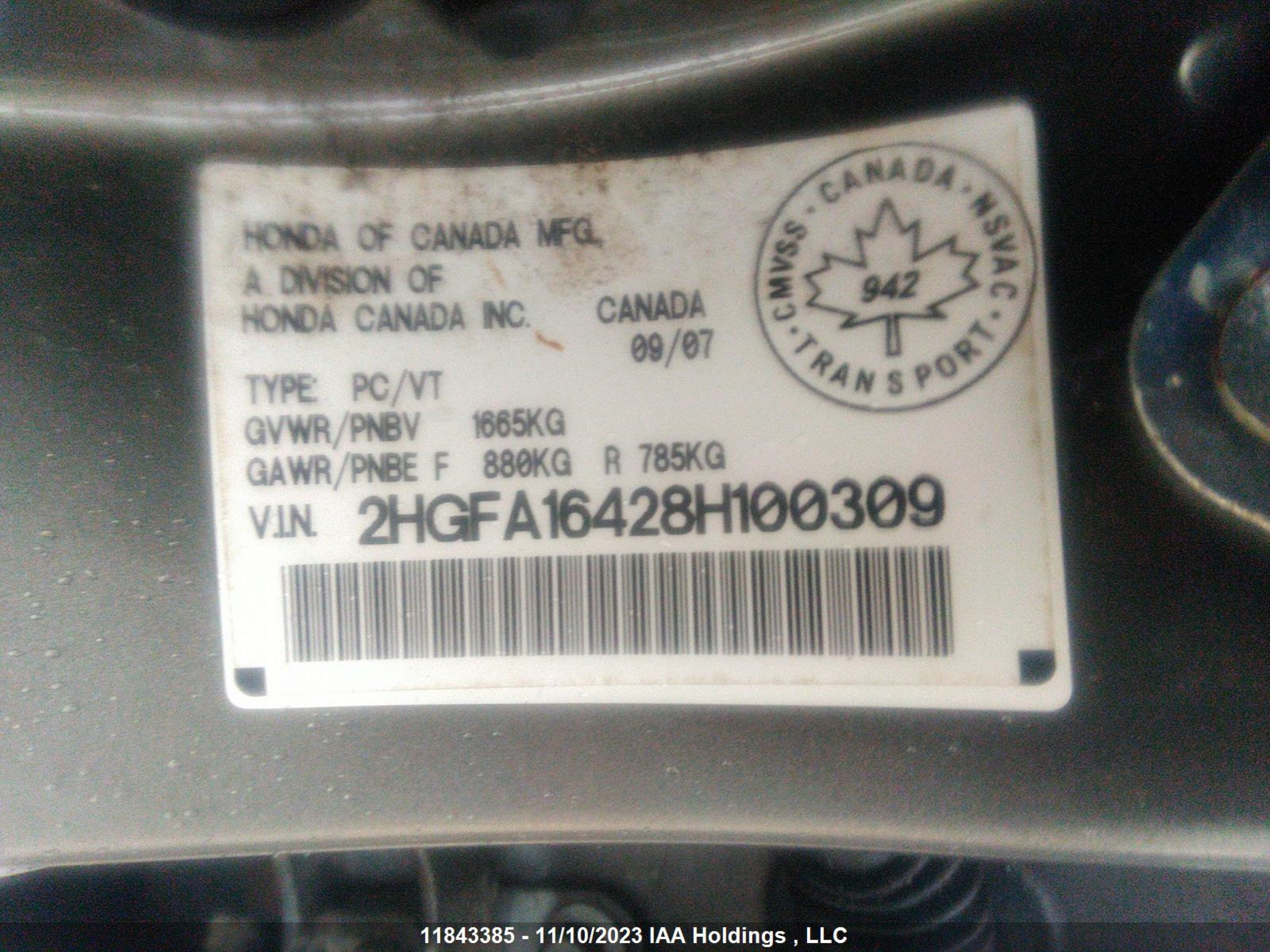 Photo 8 VIN: 2HGFA16428H100309 - HONDA CIVIC 