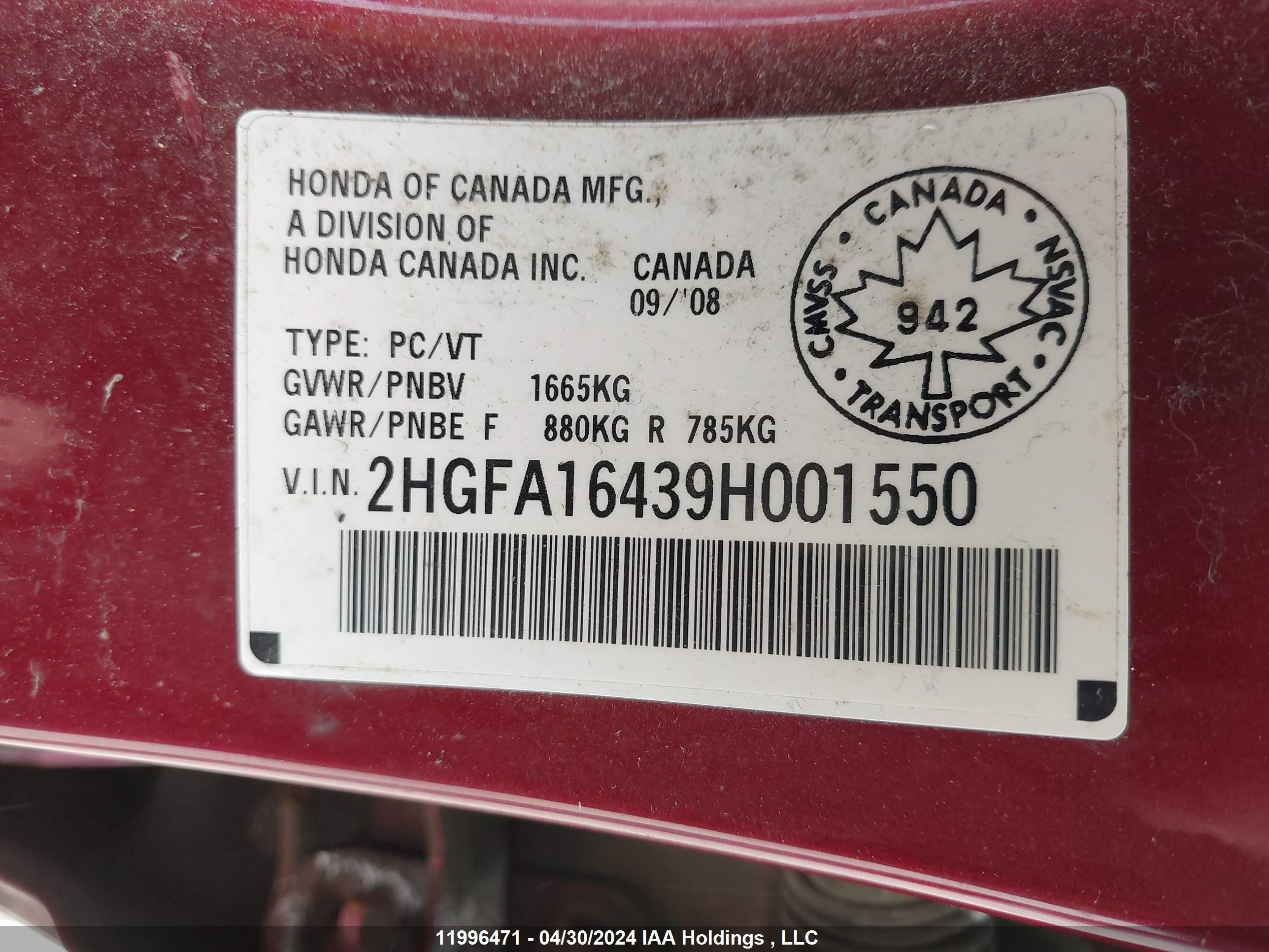 Photo 8 VIN: 2HGFA16439H001550 - HONDA CIVIC 