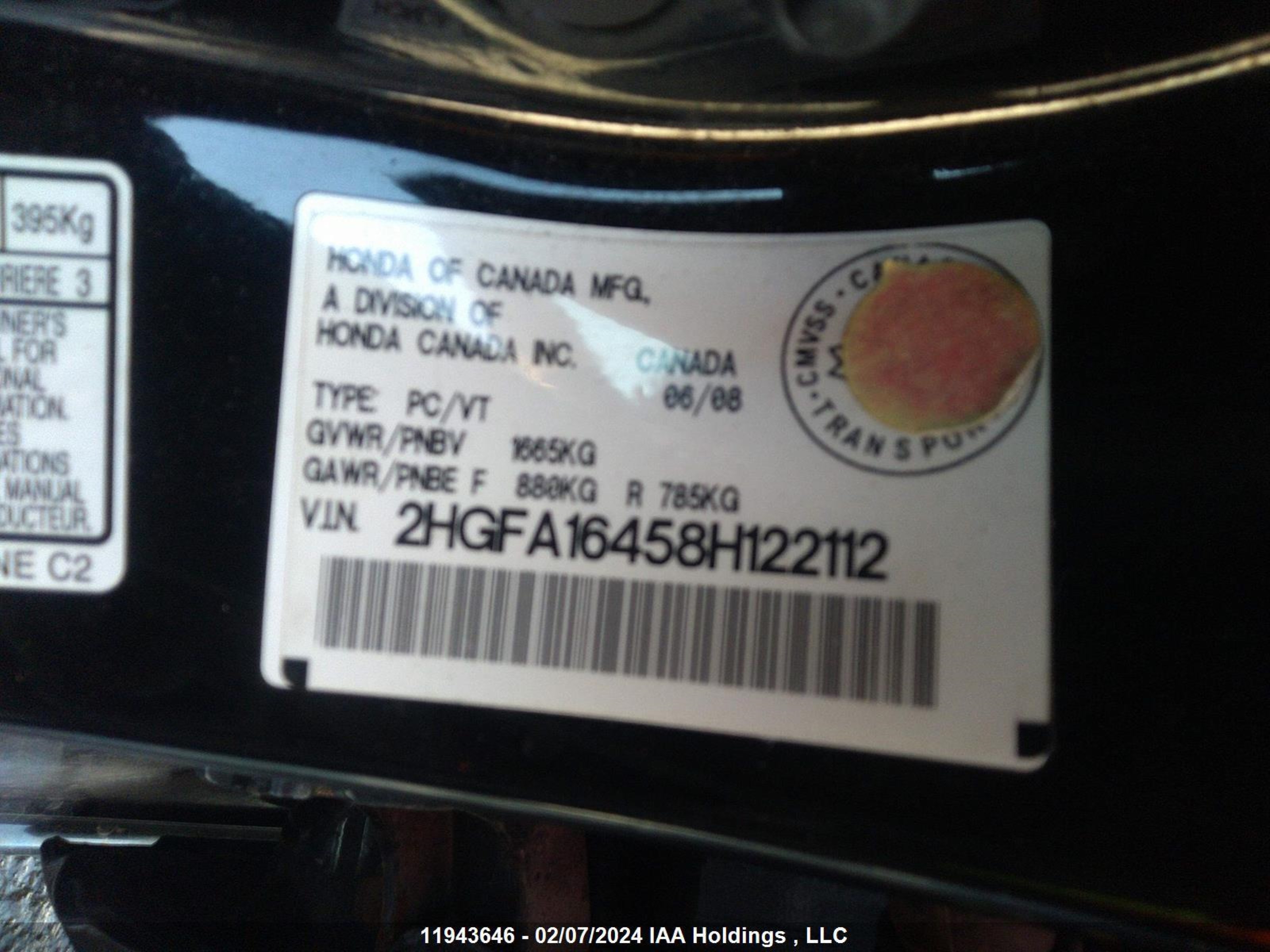 Photo 8 VIN: 2HGFA16458H122112 - HONDA CIVIC 