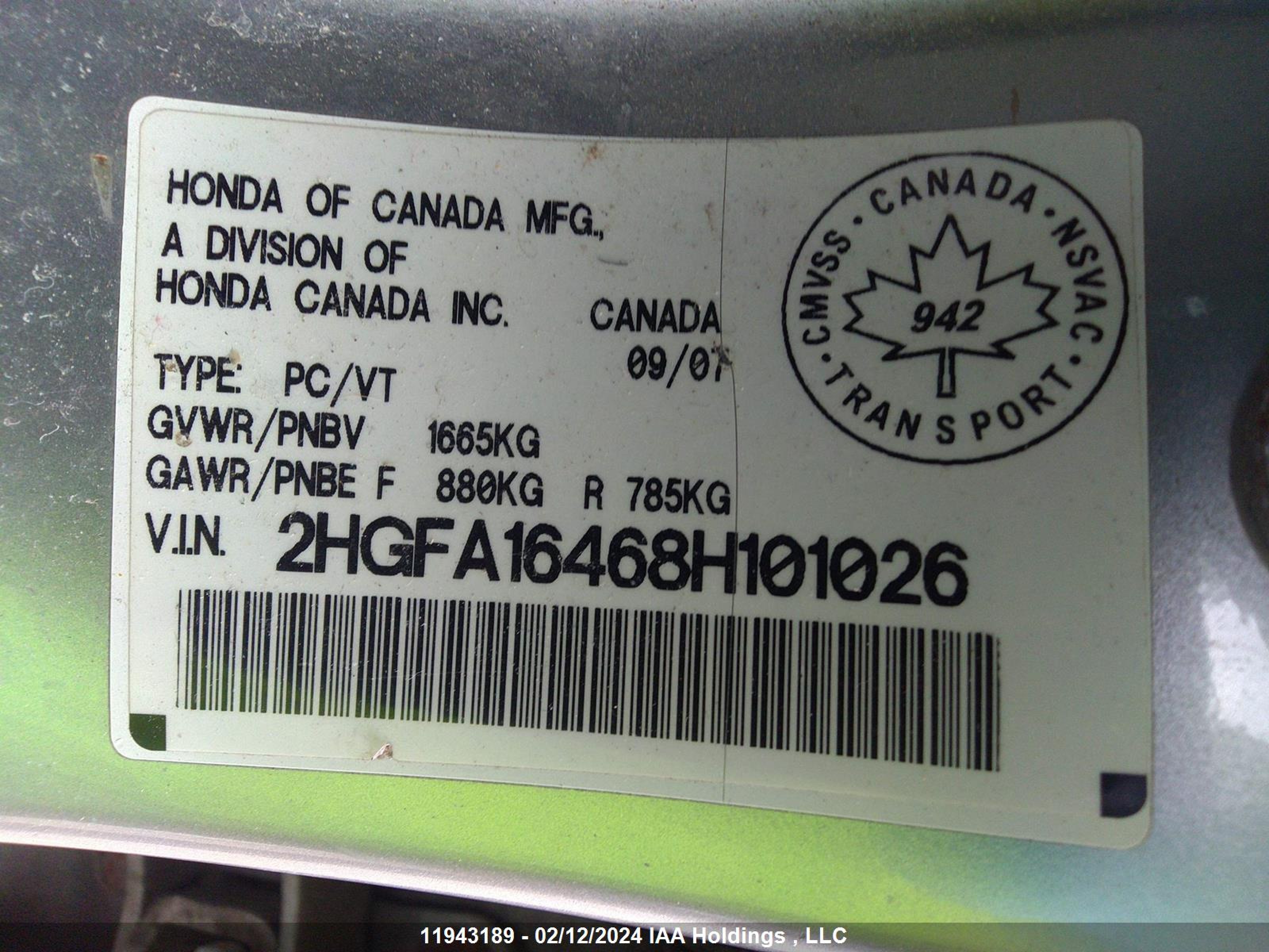 Photo 8 VIN: 2HGFA16468H101026 - HONDA CIVIC 