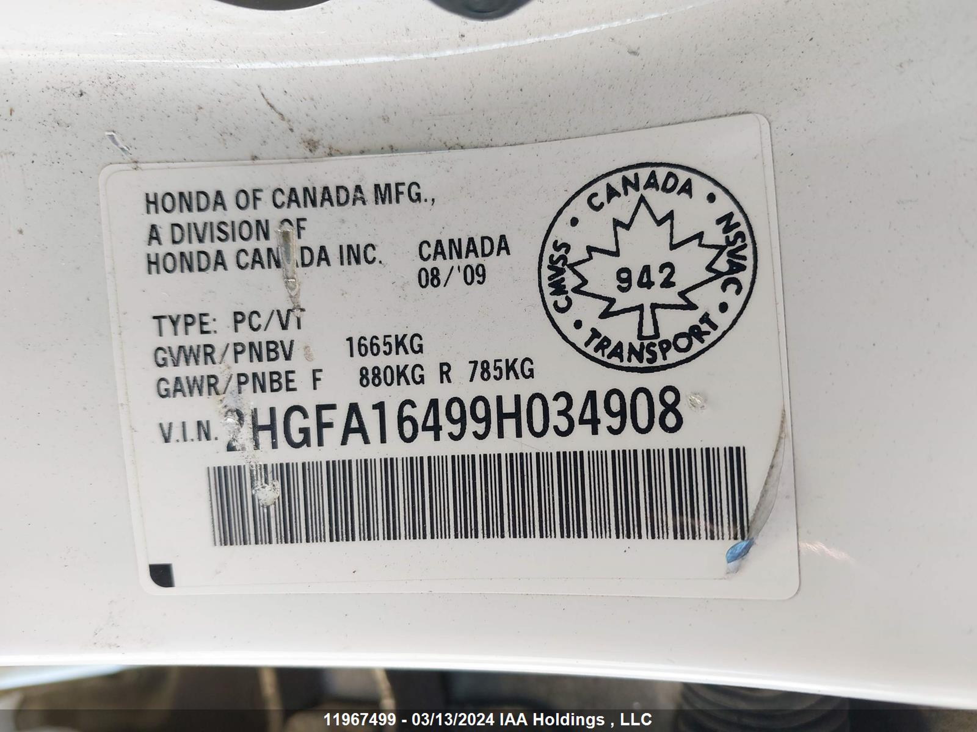 Photo 8 VIN: 2HGFA16499H034908 - HONDA CIVIC 