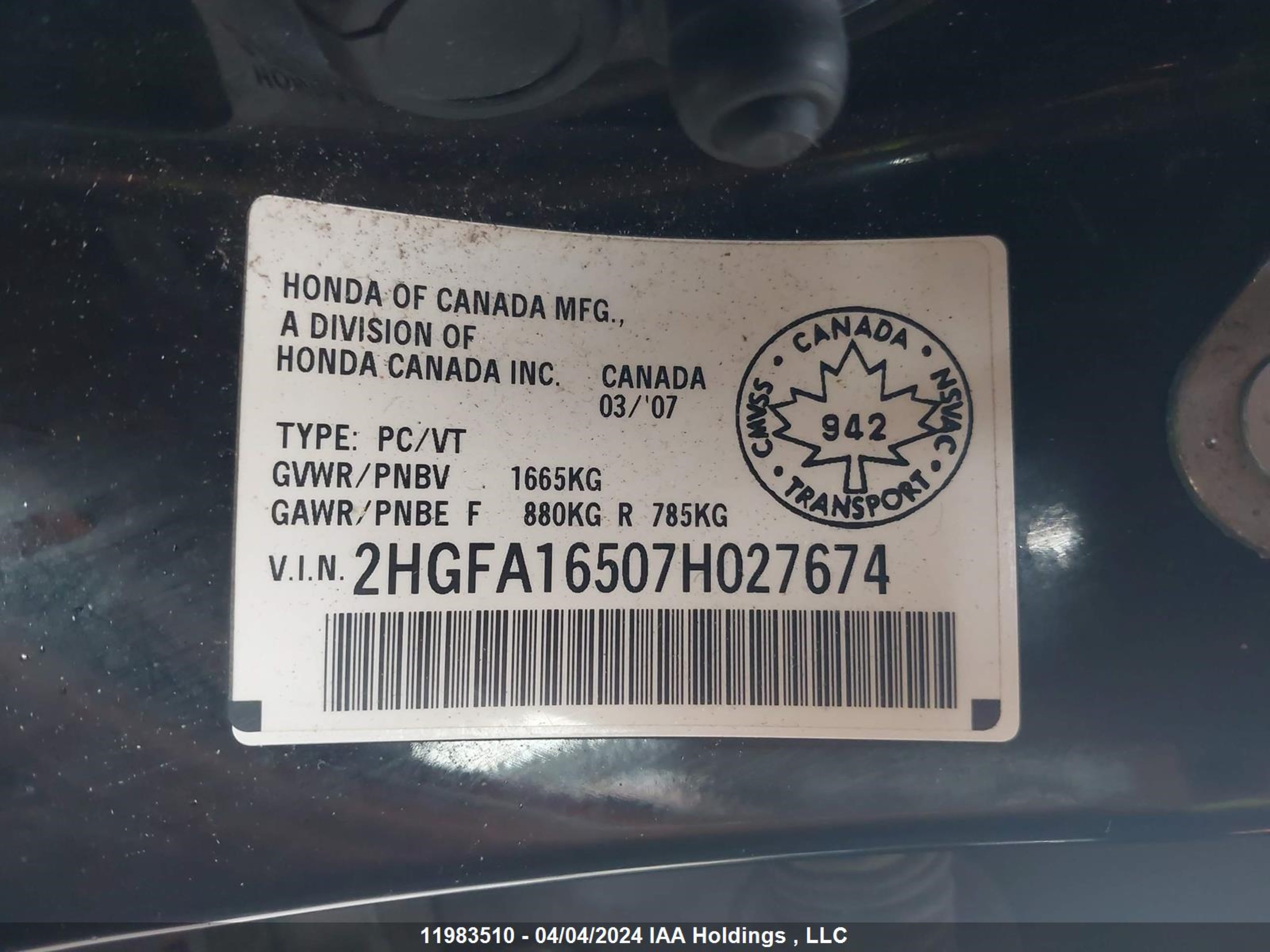 Photo 8 VIN: 2HGFA16507H027674 - HONDA CIVIC 