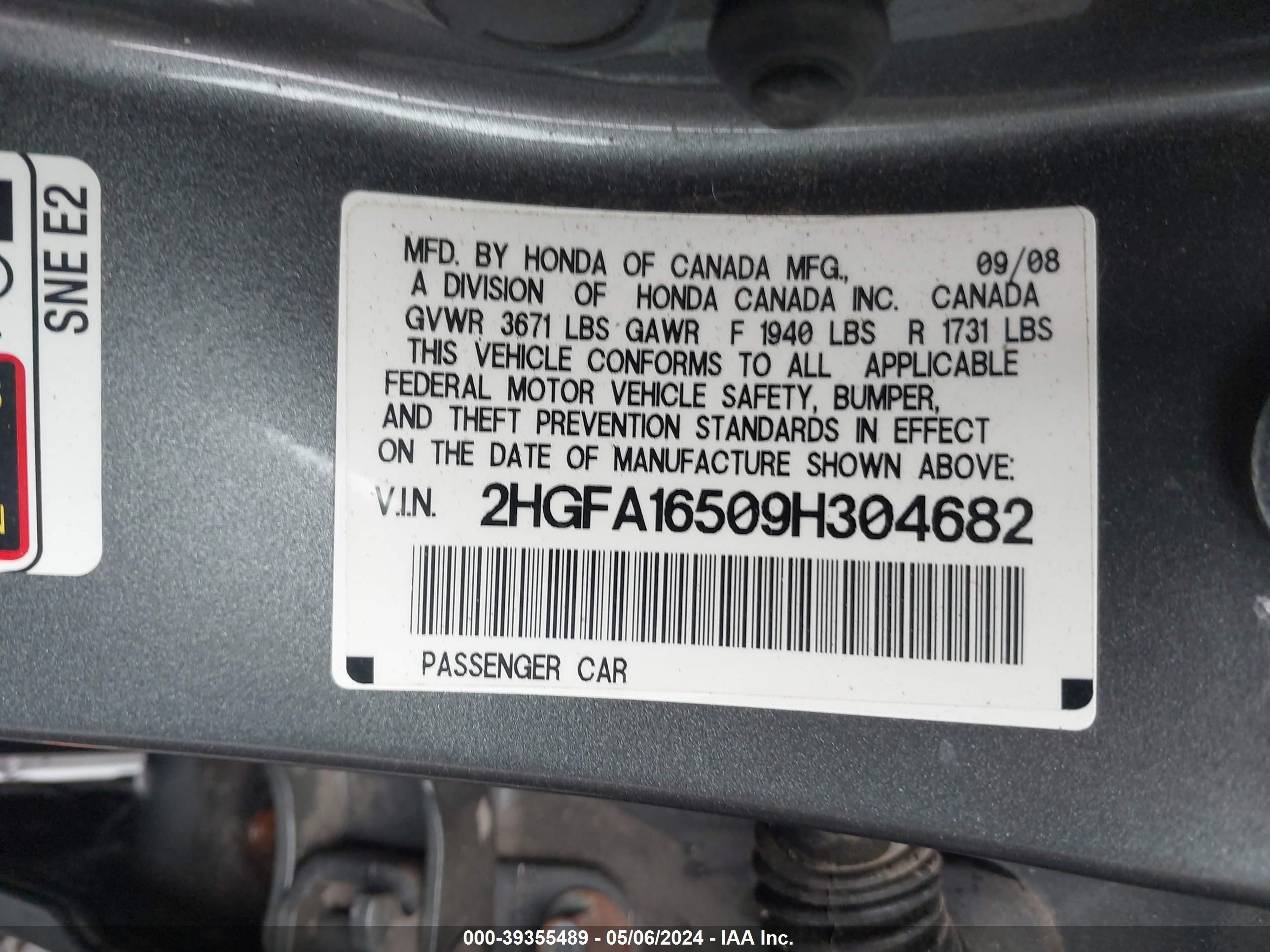 Photo 8 VIN: 2HGFA16509H304682 - HONDA CIVIC 