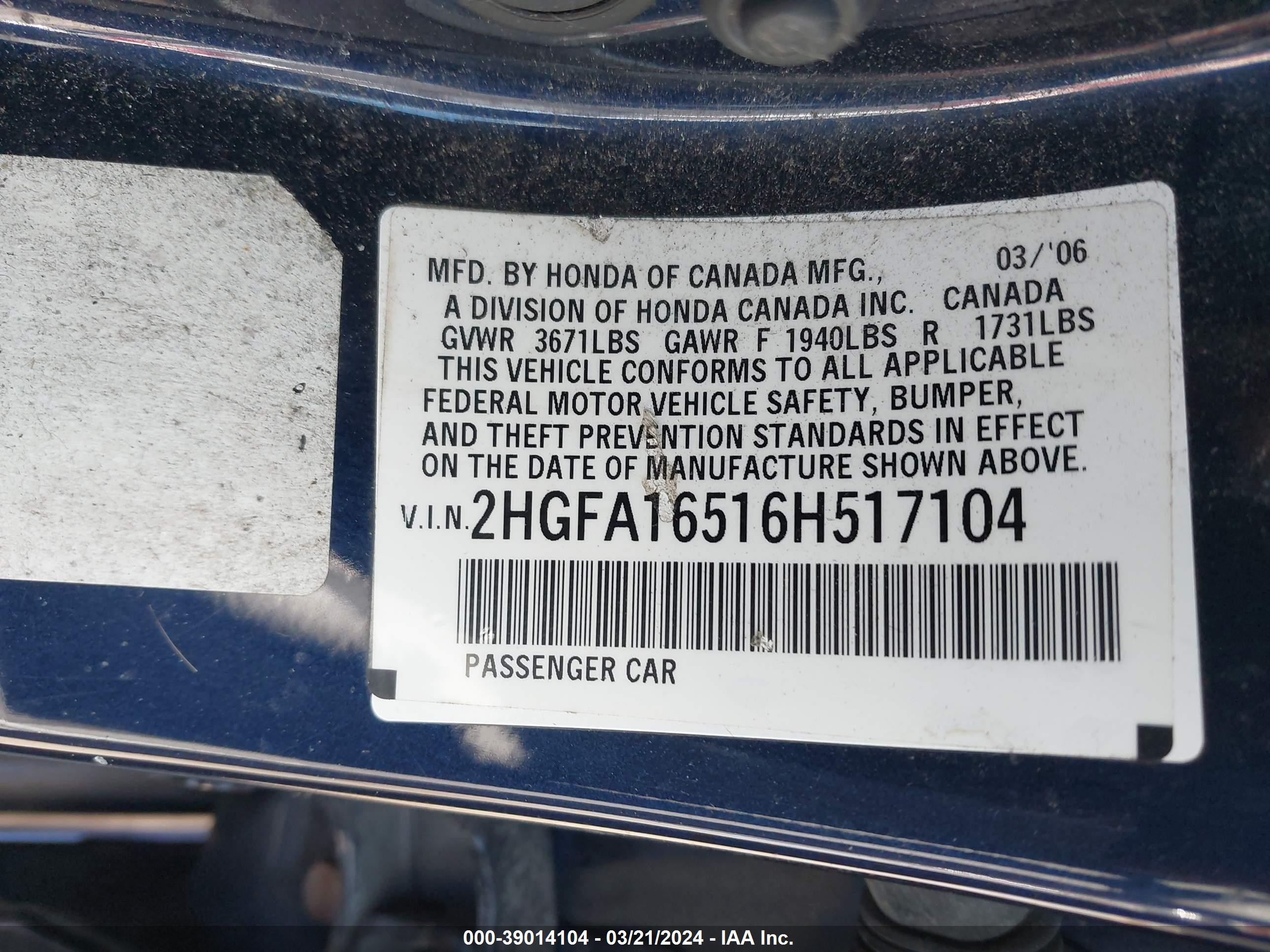 Photo 8 VIN: 2HGFA16516H517104 - HONDA CIVIC 