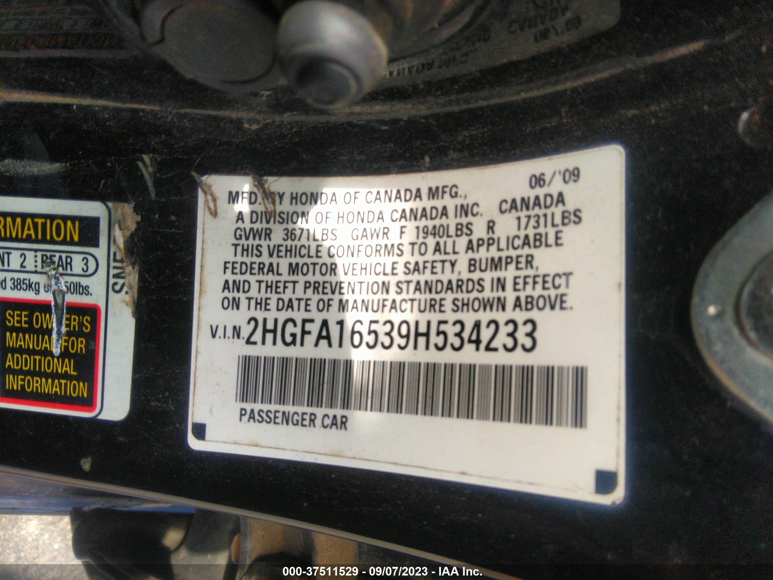 Photo 8 VIN: 2HGFA16539H534233 - HONDA CIVIC 