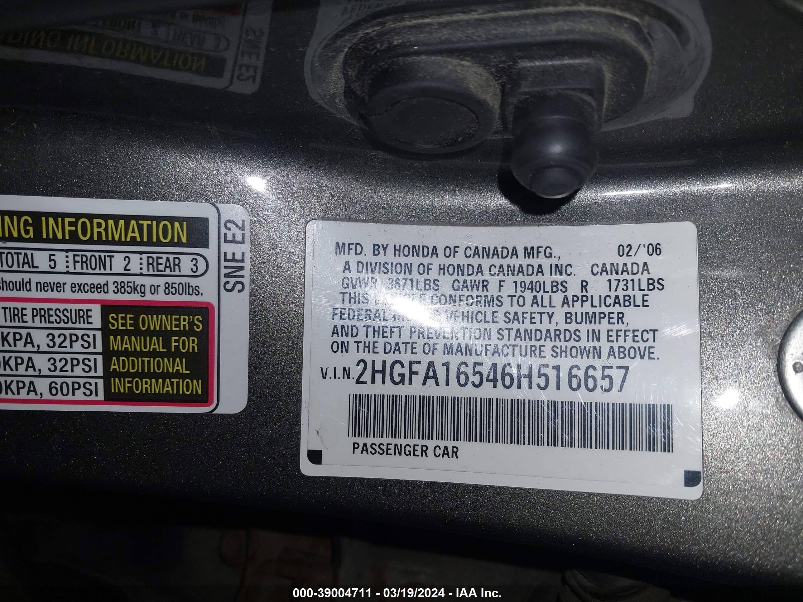 Photo 8 VIN: 2HGFA16546H516657 - HONDA CIVIC 