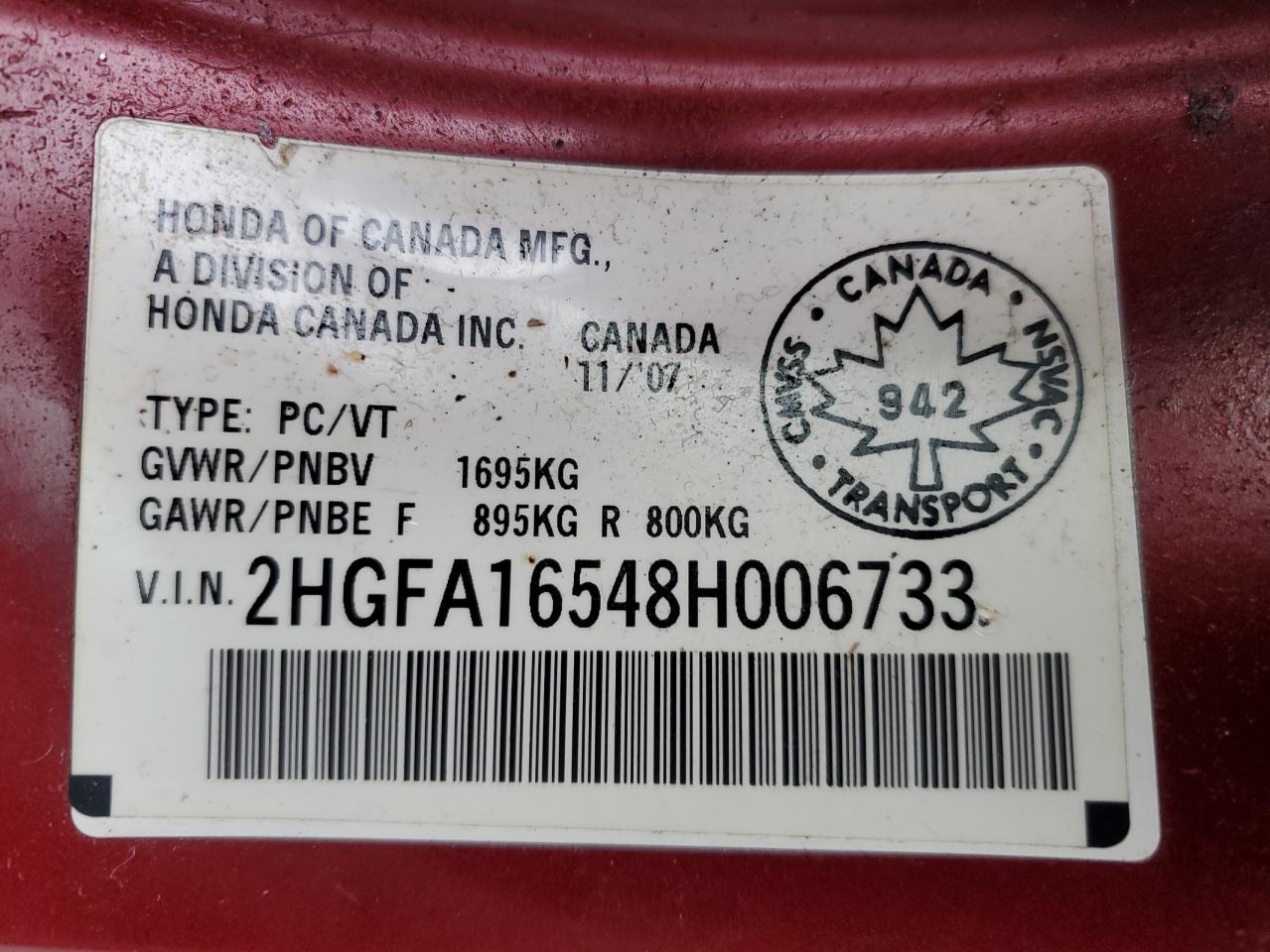 Photo 11 VIN: 2HGFA16548H006733 - HONDA CIVIC 