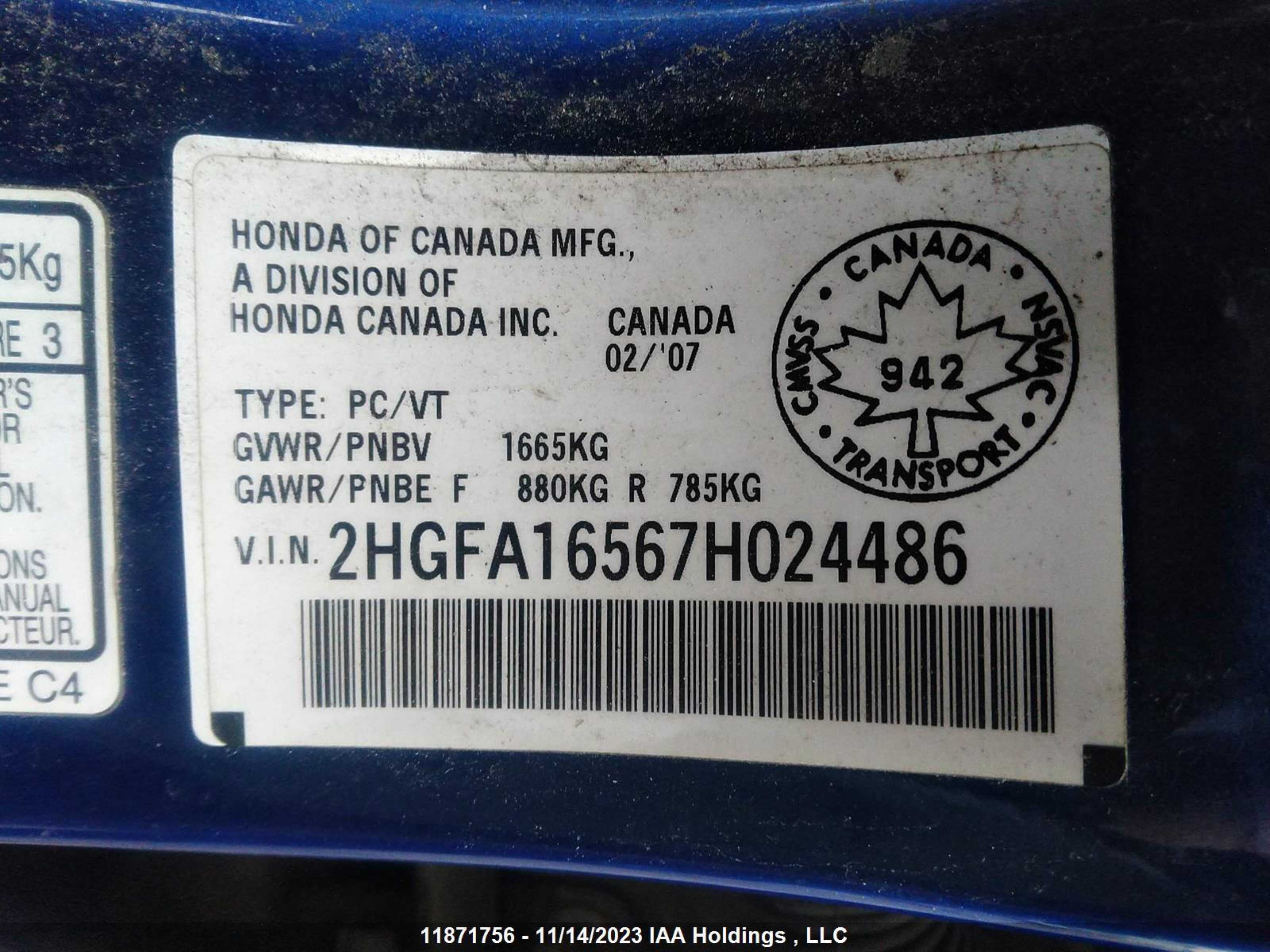 Photo 8 VIN: 2HGFA16567H024486 - HONDA CIVIC 