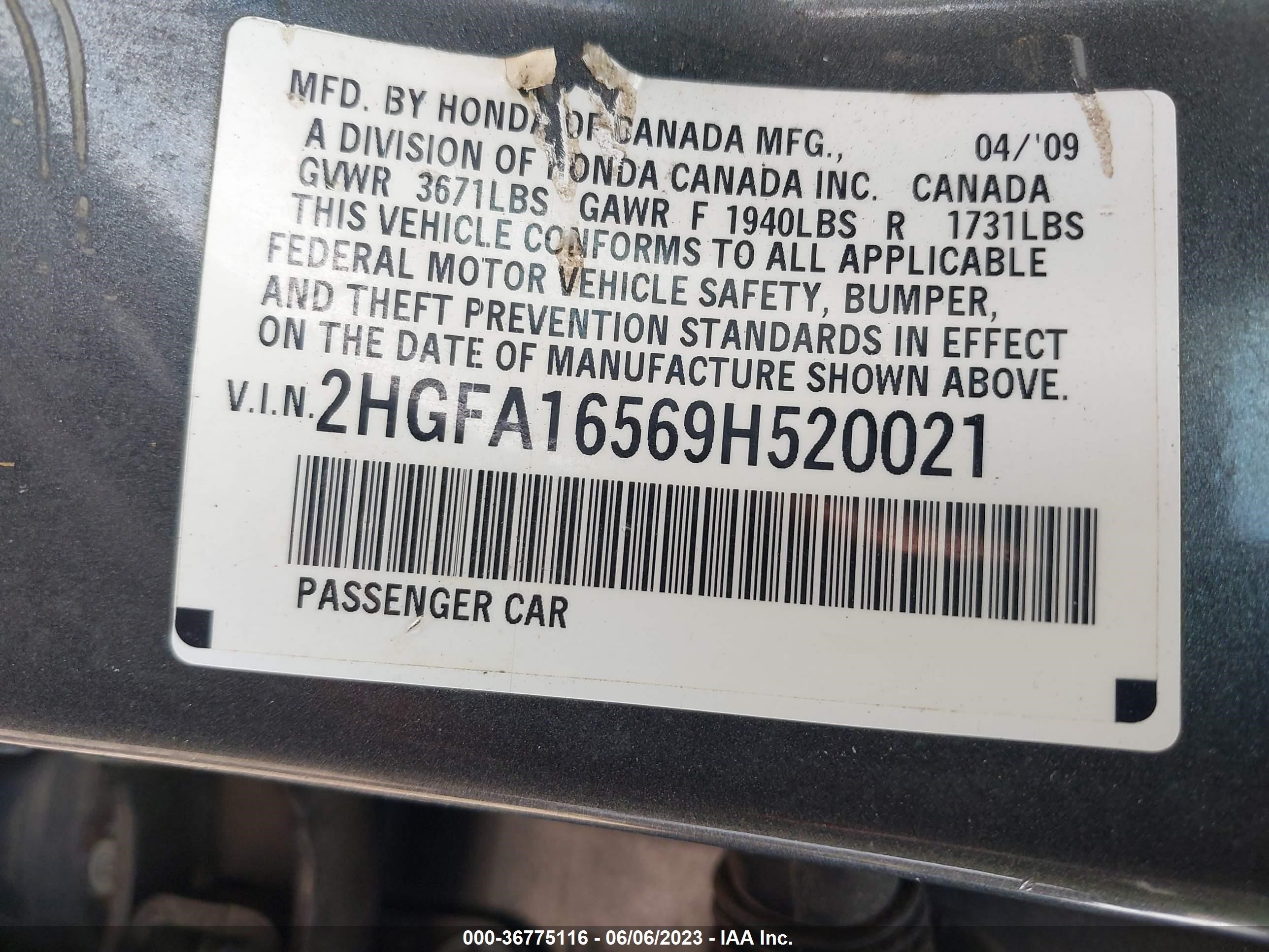 Photo 7 VIN: 2HGFA16569H520021 - HONDA CIVIC 