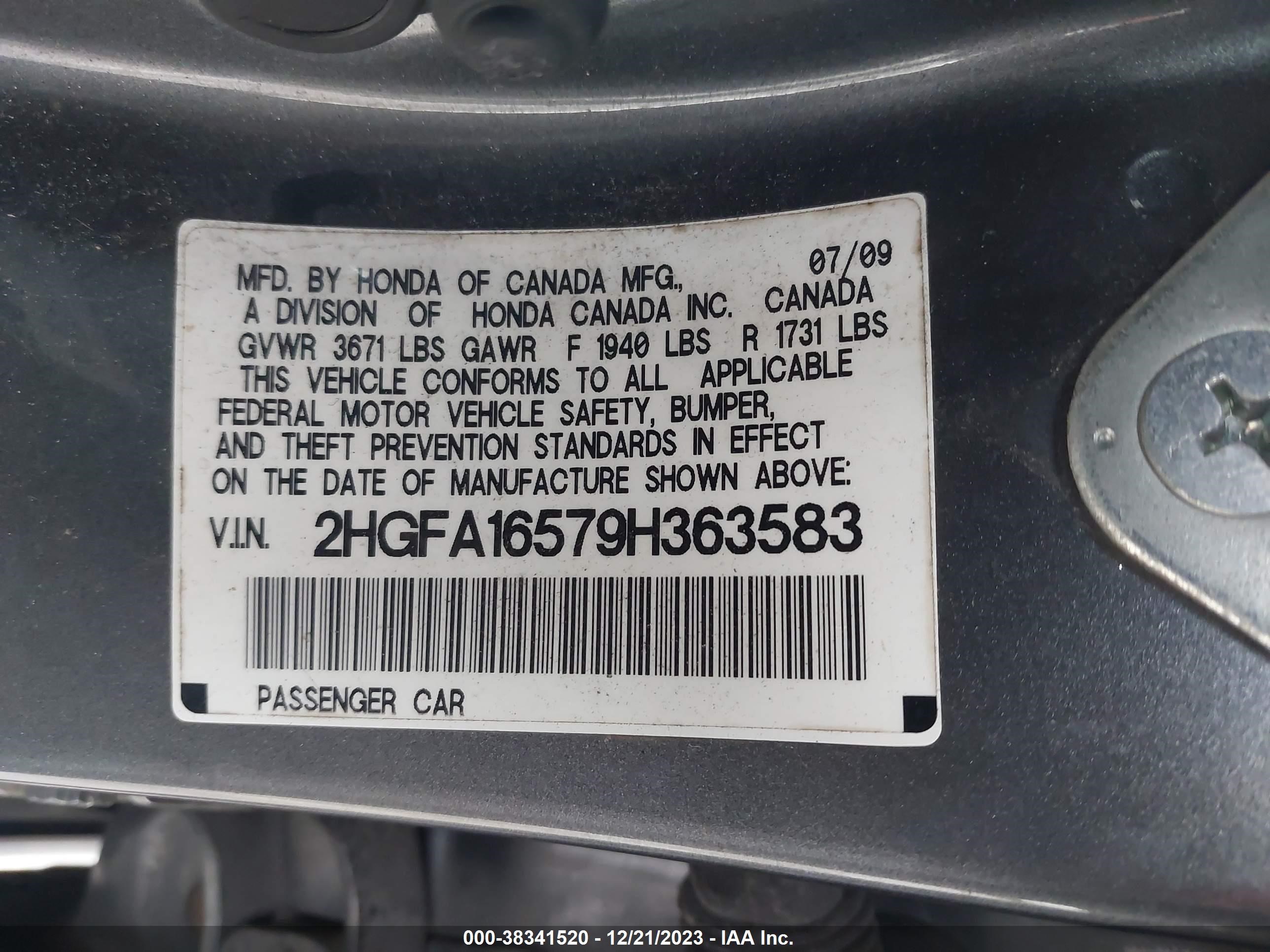 Photo 8 VIN: 2HGFA16579H363583 - HONDA CIVIC 