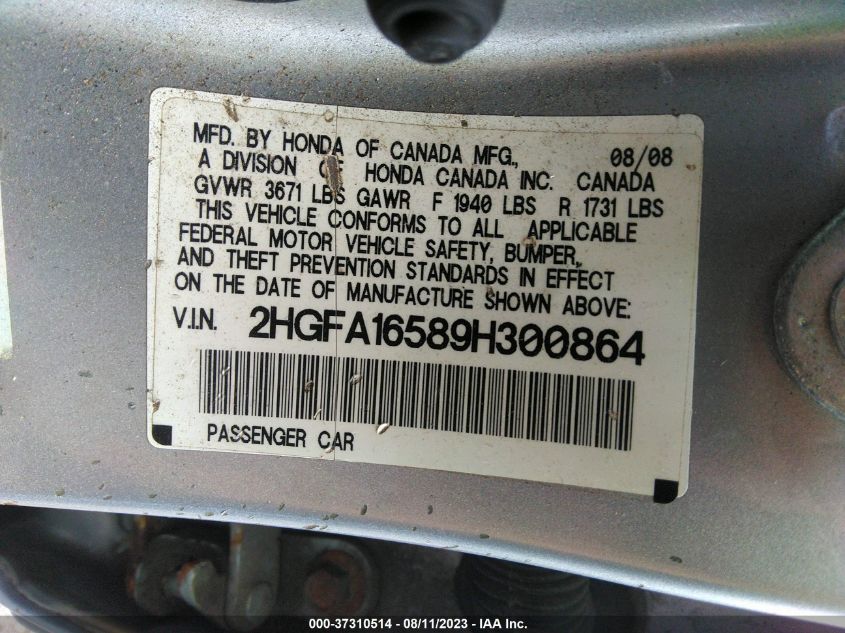 Photo 8 VIN: 2HGFA16589H300864 - HONDA CIVIC 