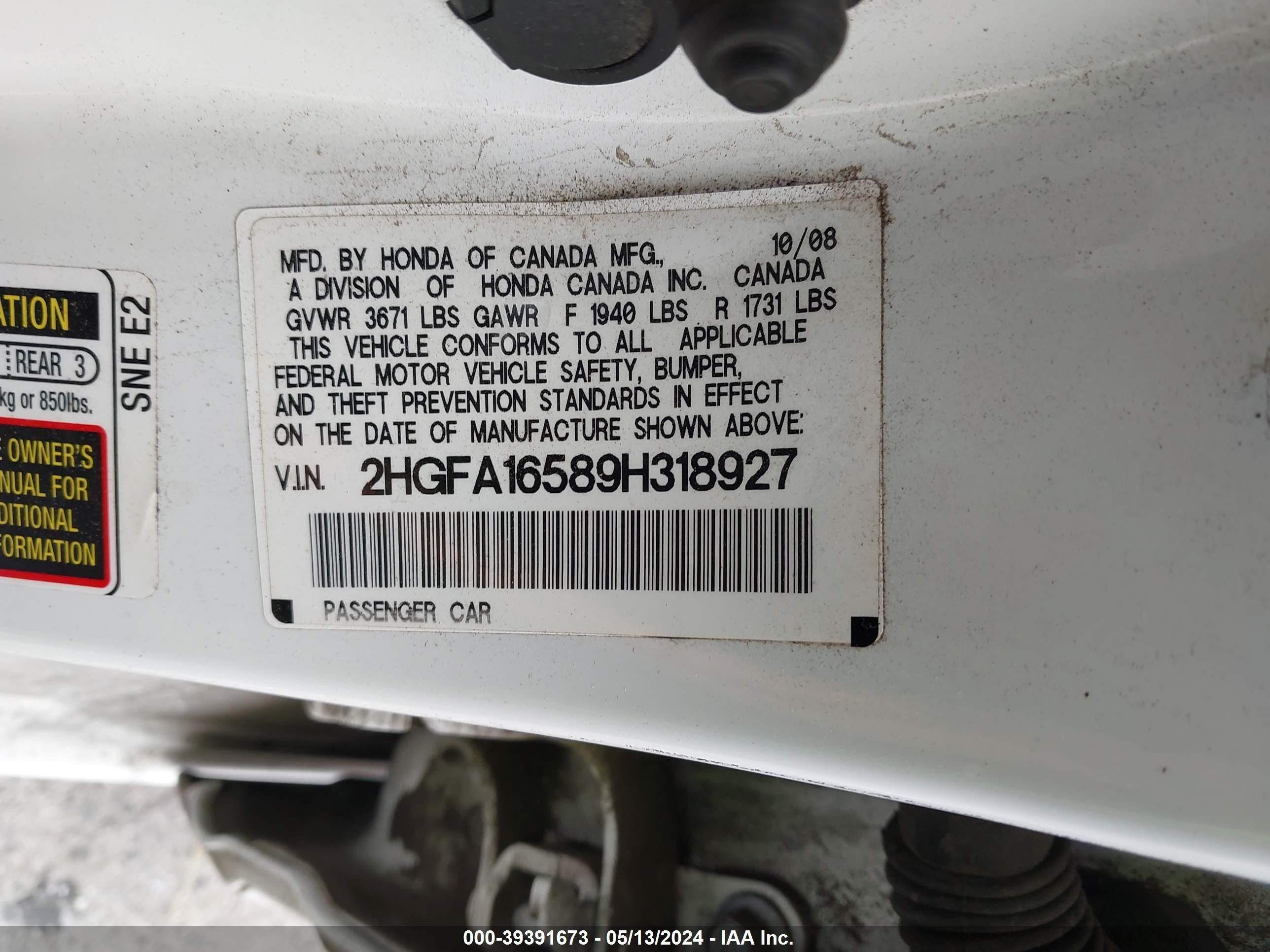 Photo 8 VIN: 2HGFA16589H318927 - HONDA CIVIC 