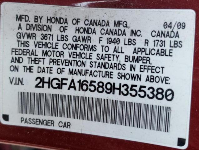 Photo 11 VIN: 2HGFA16589H355380 - HONDA CIVIC 