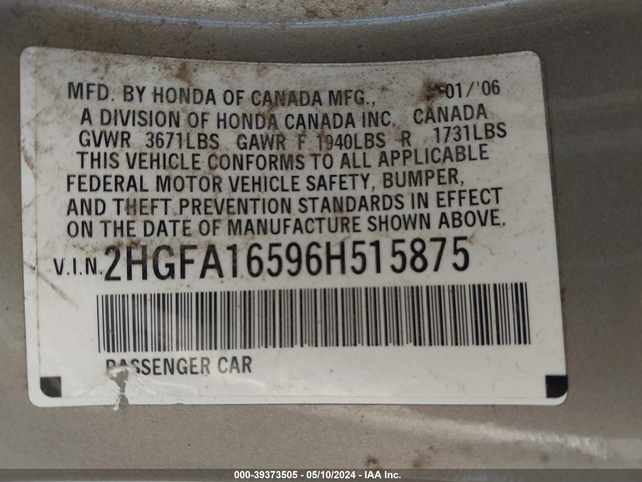 Photo 8 VIN: 2HGFA16596H515875 - HONDA CIVIC 