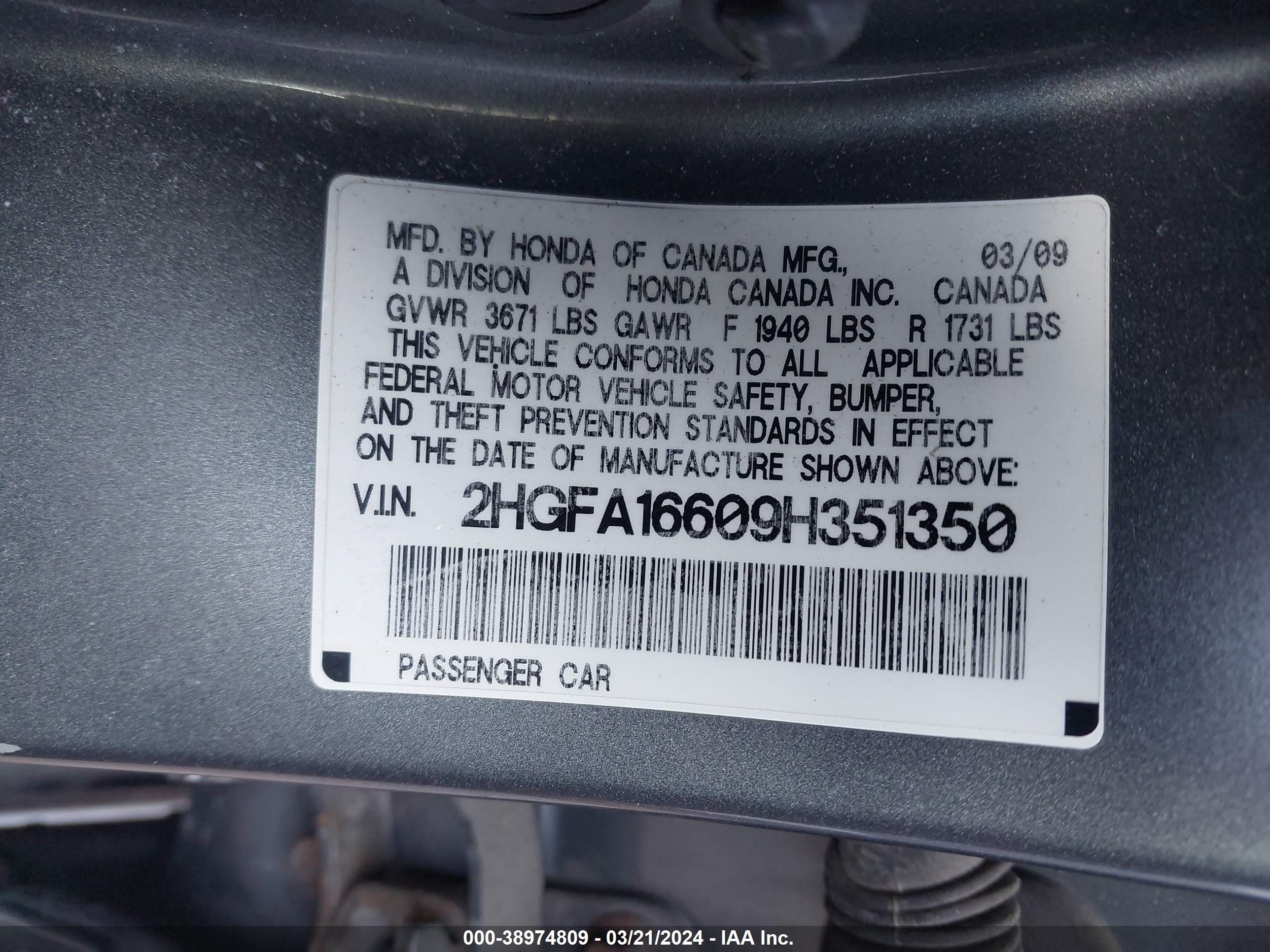 Photo 8 VIN: 2HGFA16609H351350 - HONDA CIVIC 