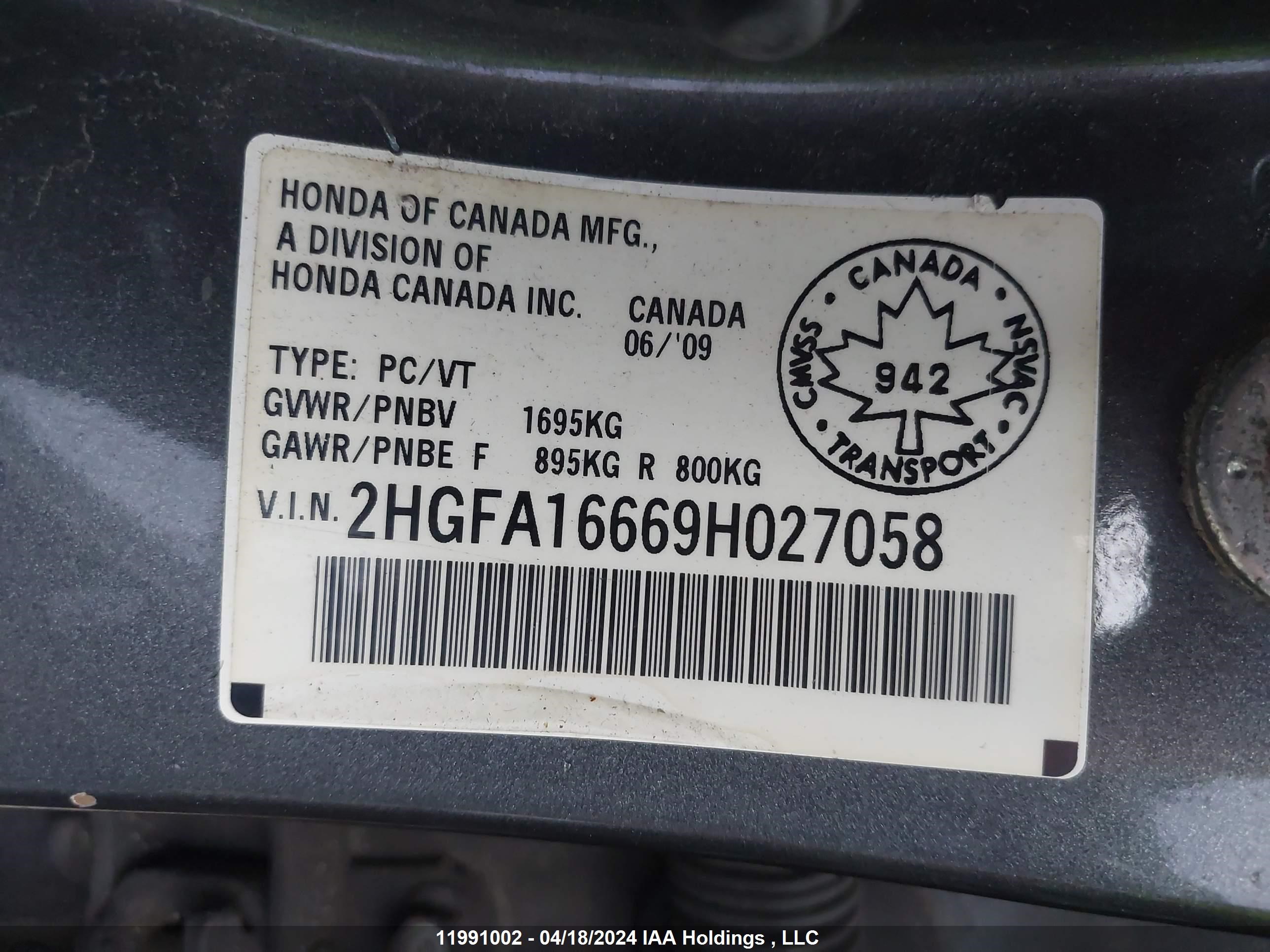 Photo 8 VIN: 2HGFA16669H027058 - HONDA CIVIC 