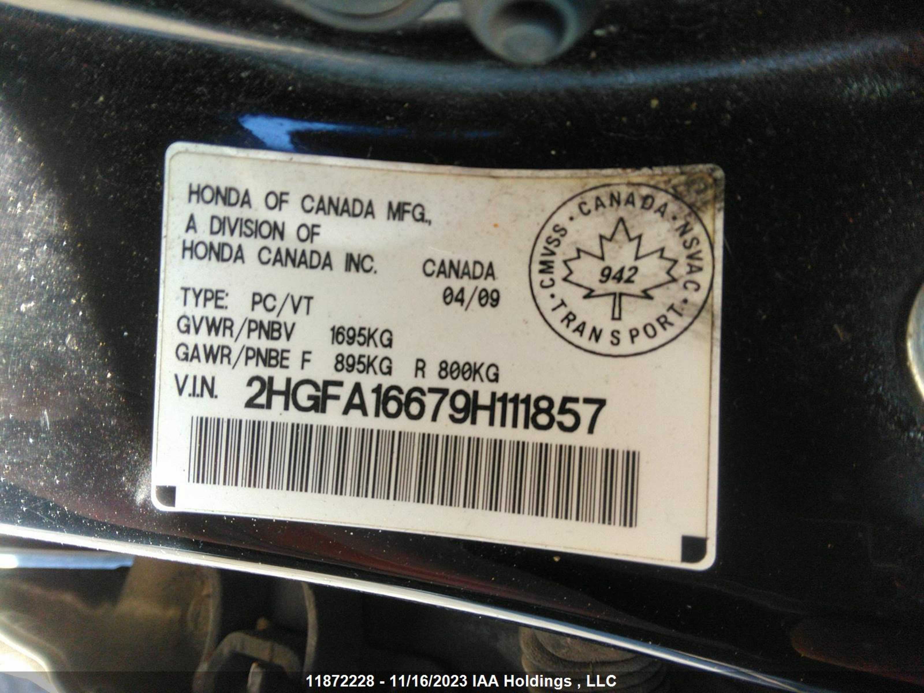 Photo 8 VIN: 2HGFA16679H111857 - HONDA CIVIC 