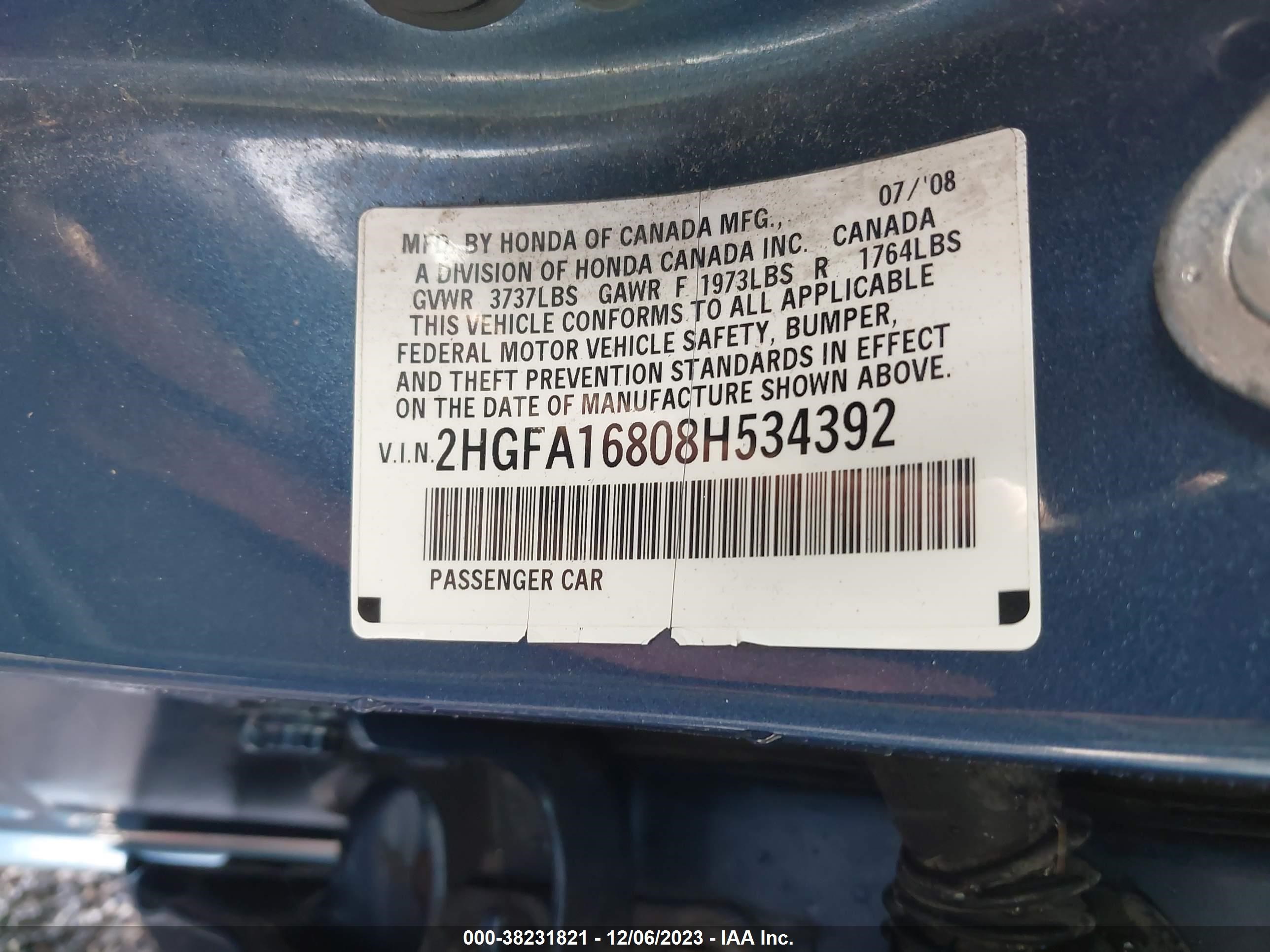 Photo 8 VIN: 2HGFA16808H534392 - HONDA CIVIC 