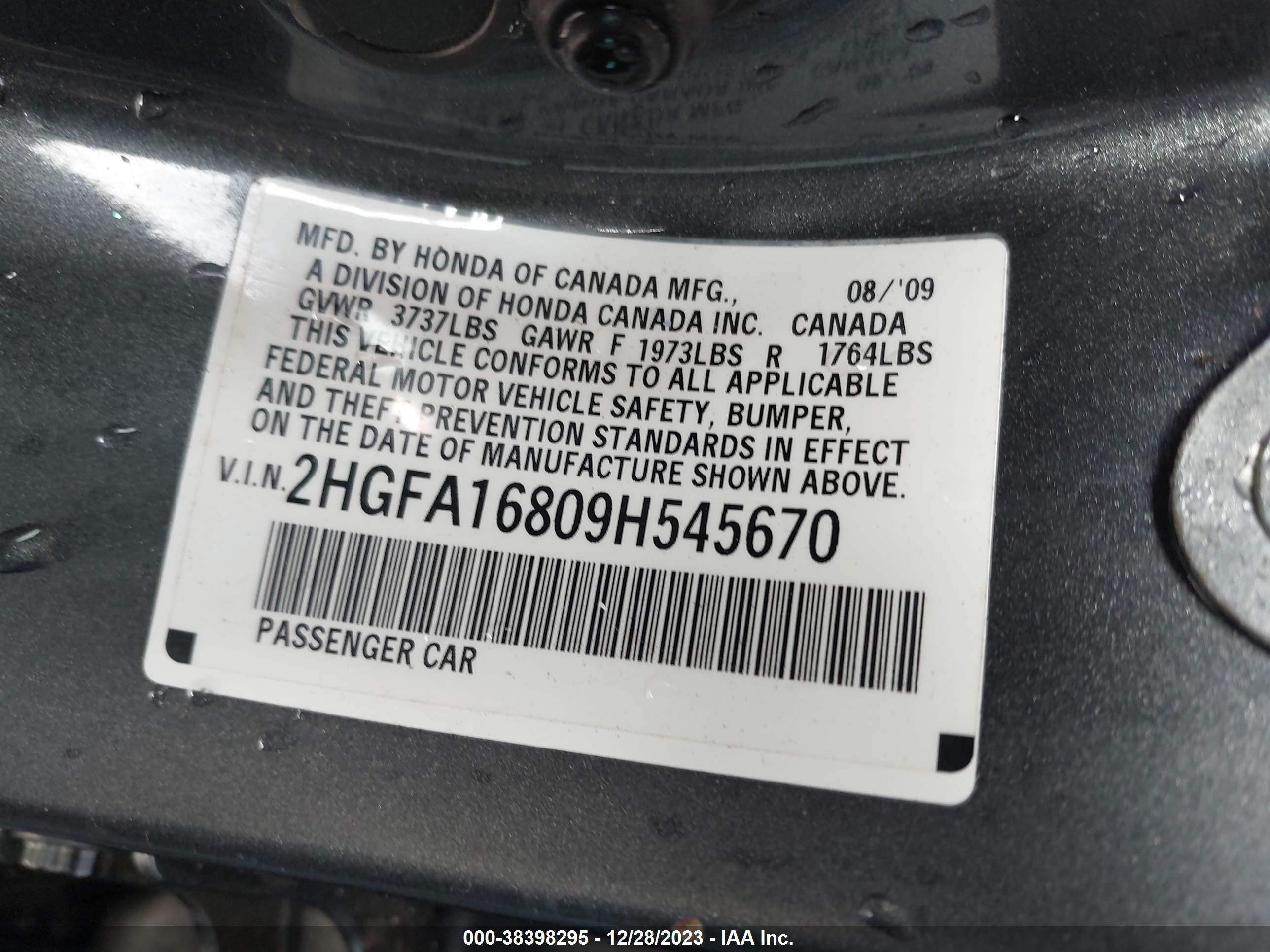 Photo 8 VIN: 2HGFA16809H545670 - HONDA CIVIC 