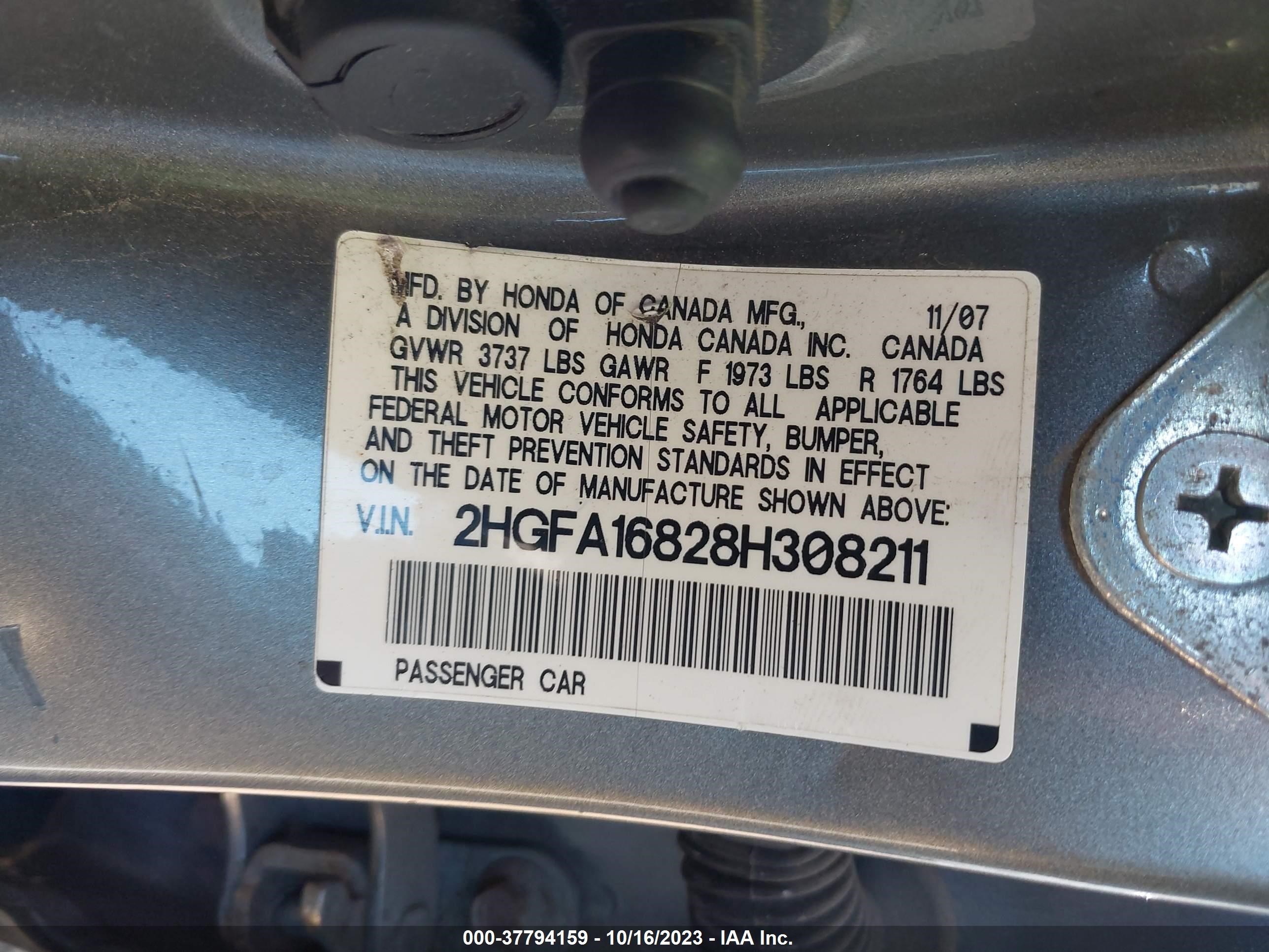 Photo 8 VIN: 2HGFA16828H308211 - HONDA CIVIC 