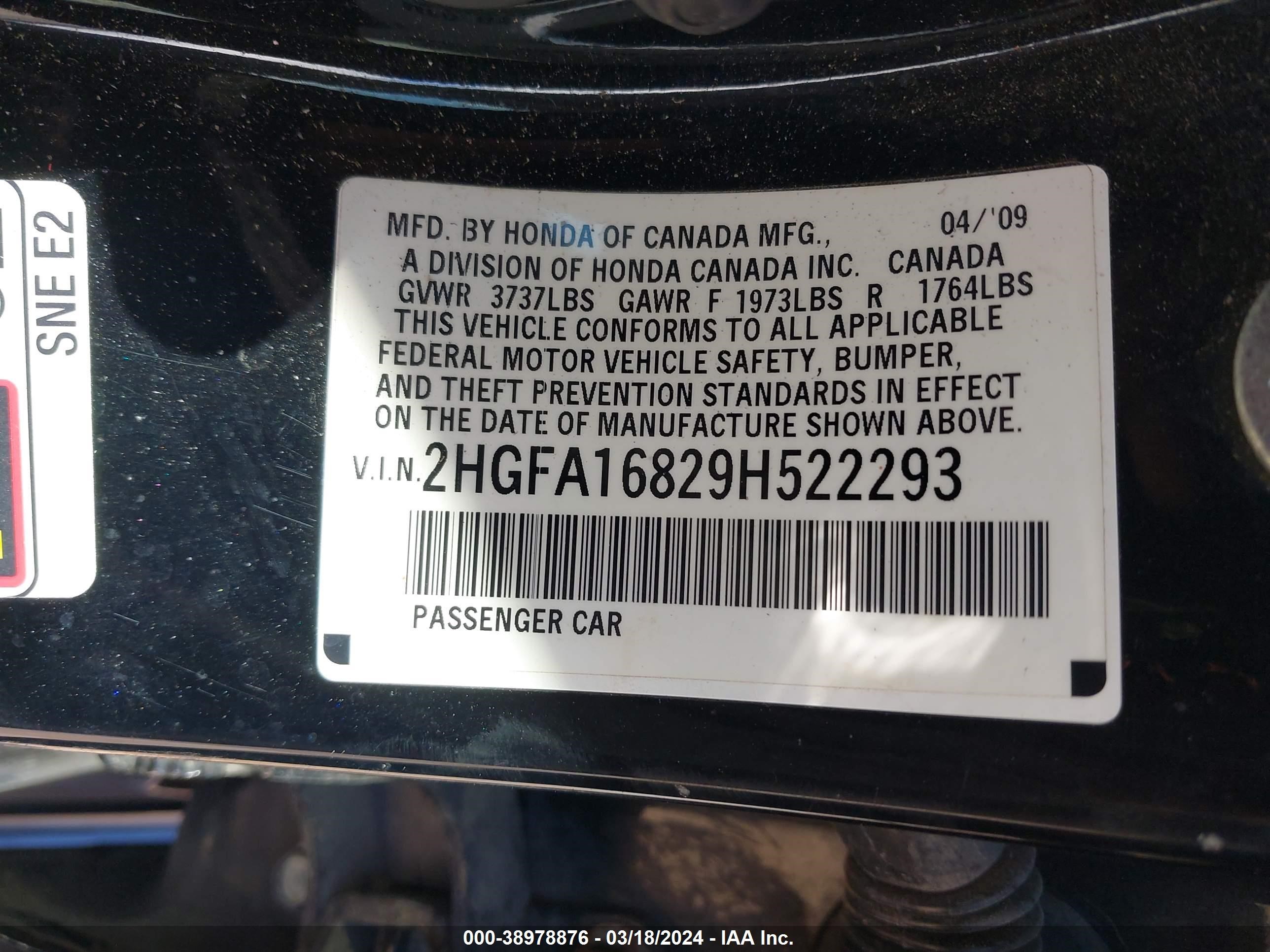 Photo 8 VIN: 2HGFA16829H522293 - HONDA CIVIC 