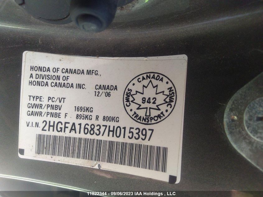 Photo 8 VIN: 2HGFA16837H015397 - HONDA CIVIC 