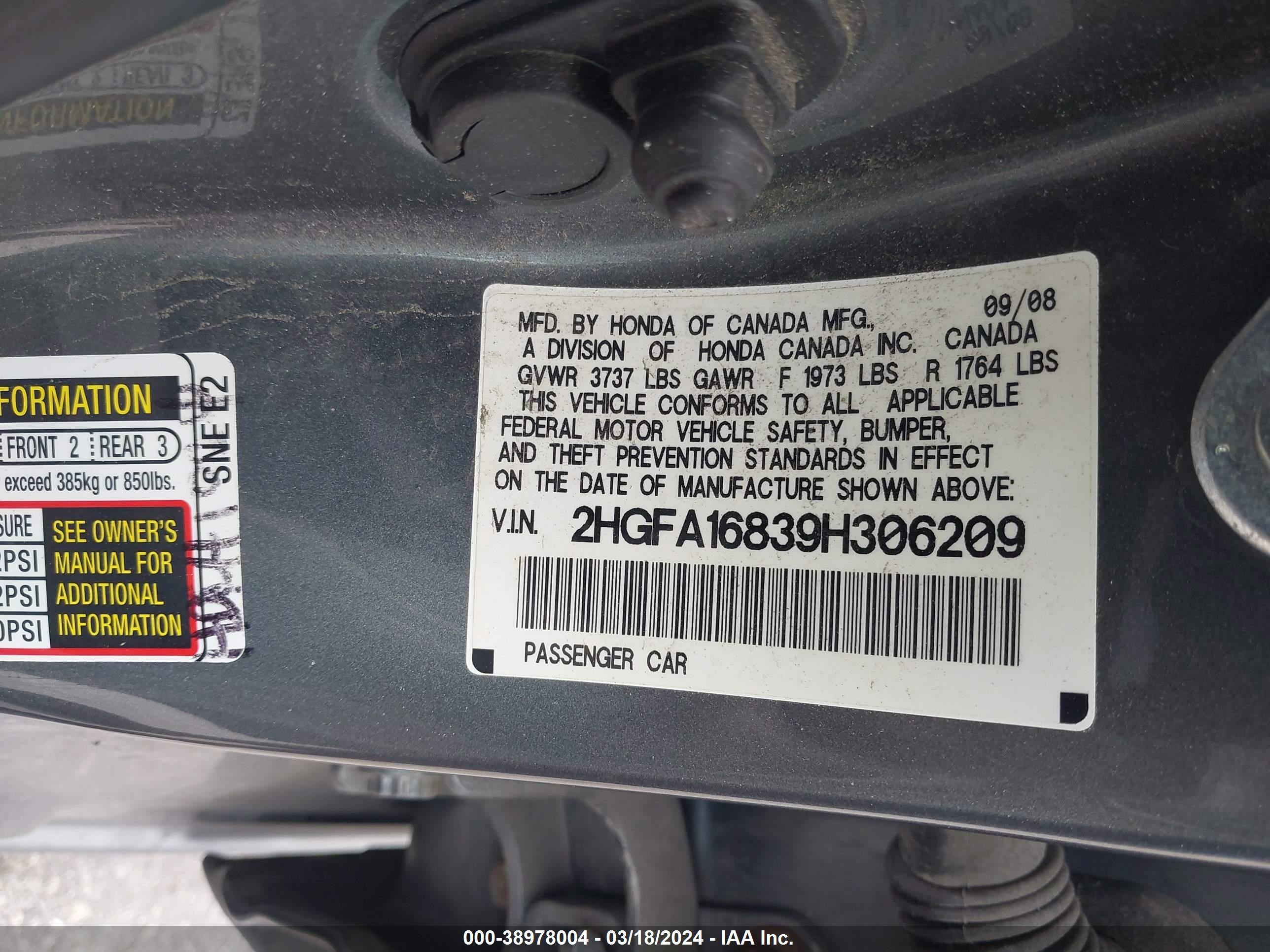 Photo 8 VIN: 2HGFA16839H306209 - HONDA CIVIC 