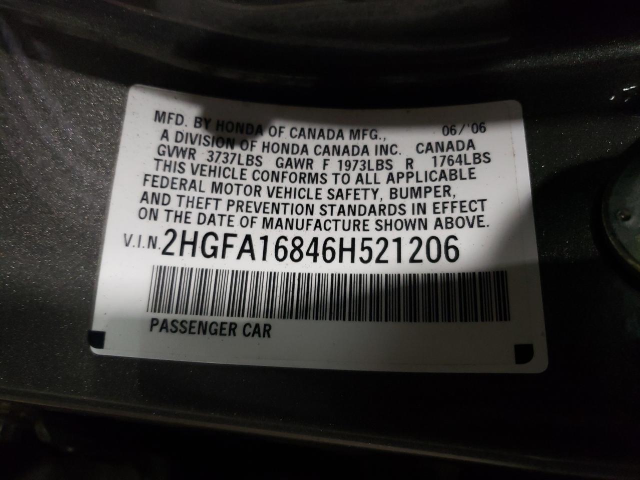 Photo 11 VIN: 2HGFA16846H521206 - HONDA CIVIC 