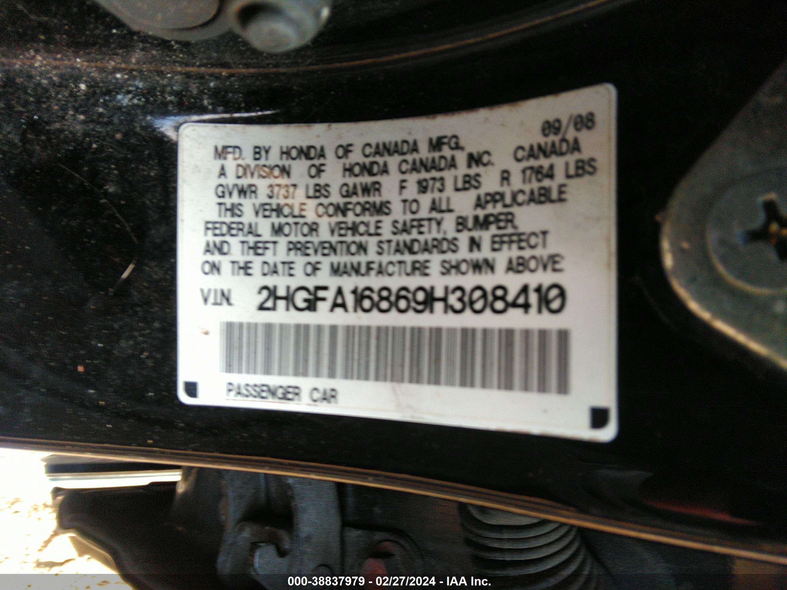 Photo 8 VIN: 2HGFA16869H308410 - HONDA CIVIC 