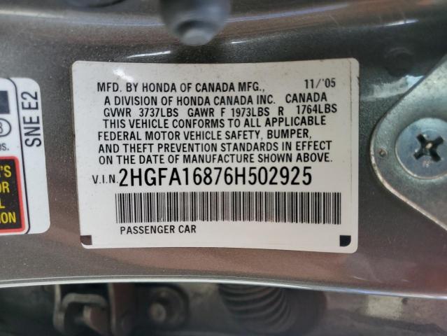 Photo 11 VIN: 2HGFA16876H502925 - HONDA CIVIC EX 