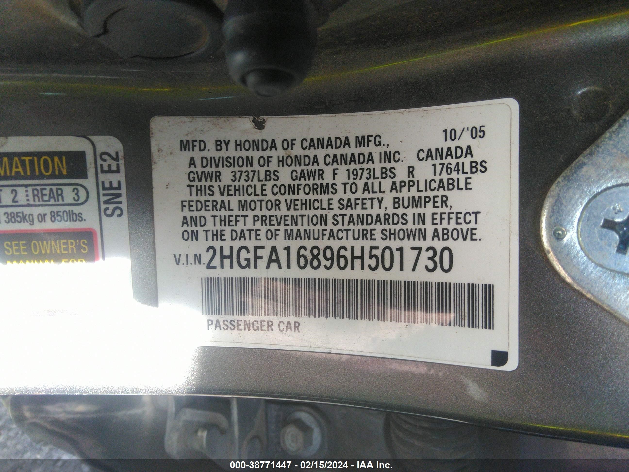 Photo 8 VIN: 2HGFA16896H501730 - HONDA CIVIC 