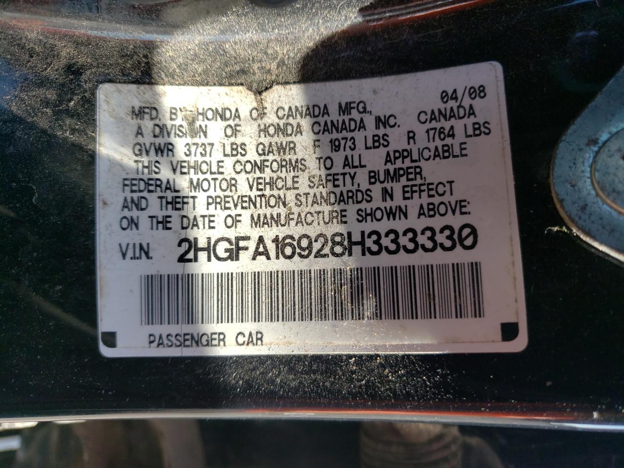 Photo 11 VIN: 2HGFA16928H333330 - HONDA CIVIC 