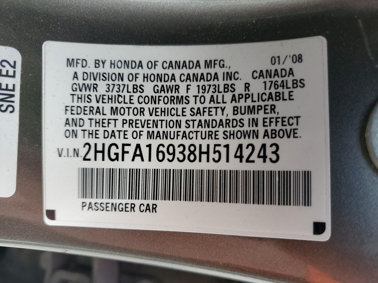 Photo 11 VIN: 2HGFA16938H514243 - HONDA CIVIC 