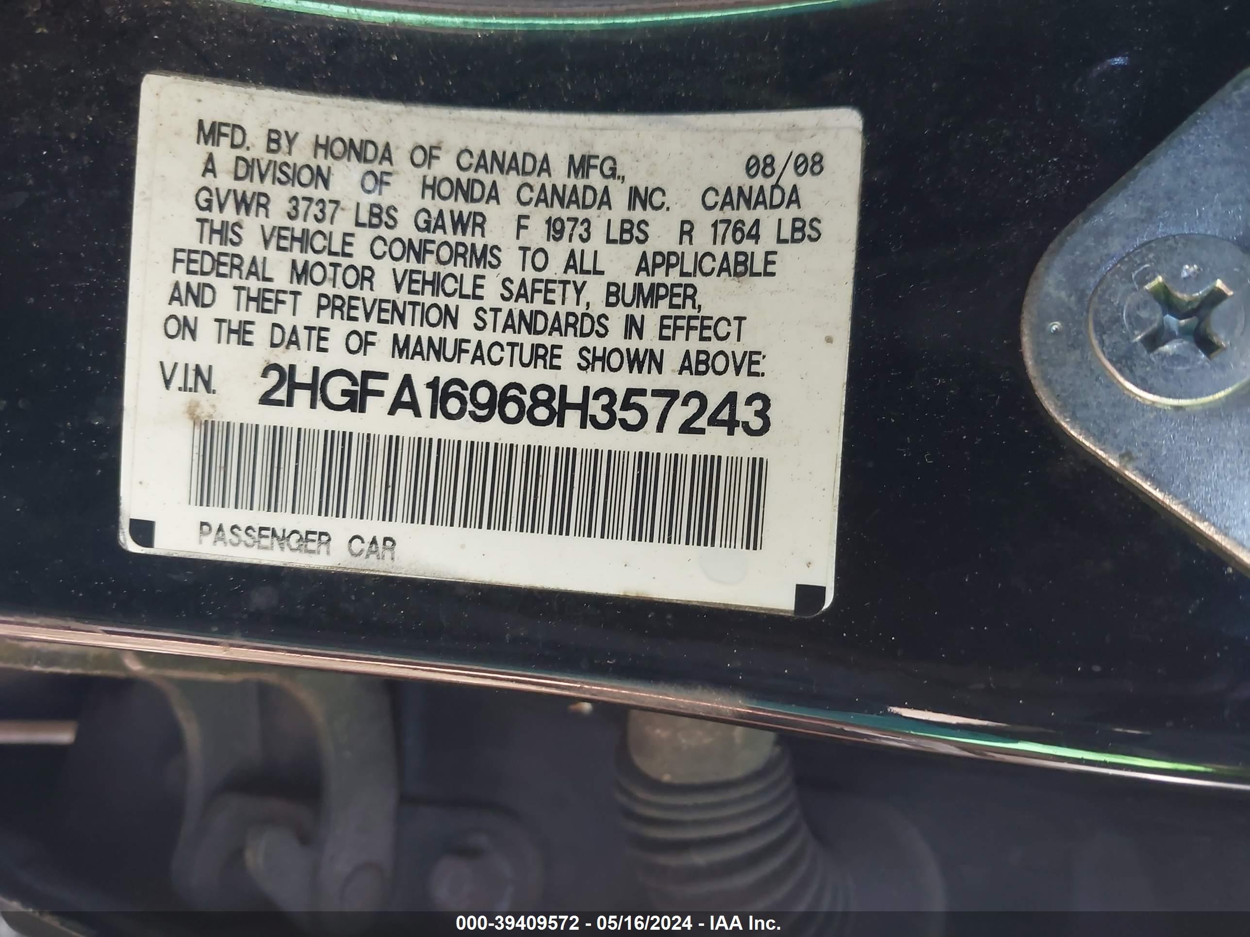 Photo 8 VIN: 2HGFA16968H357243 - HONDA CIVIC 