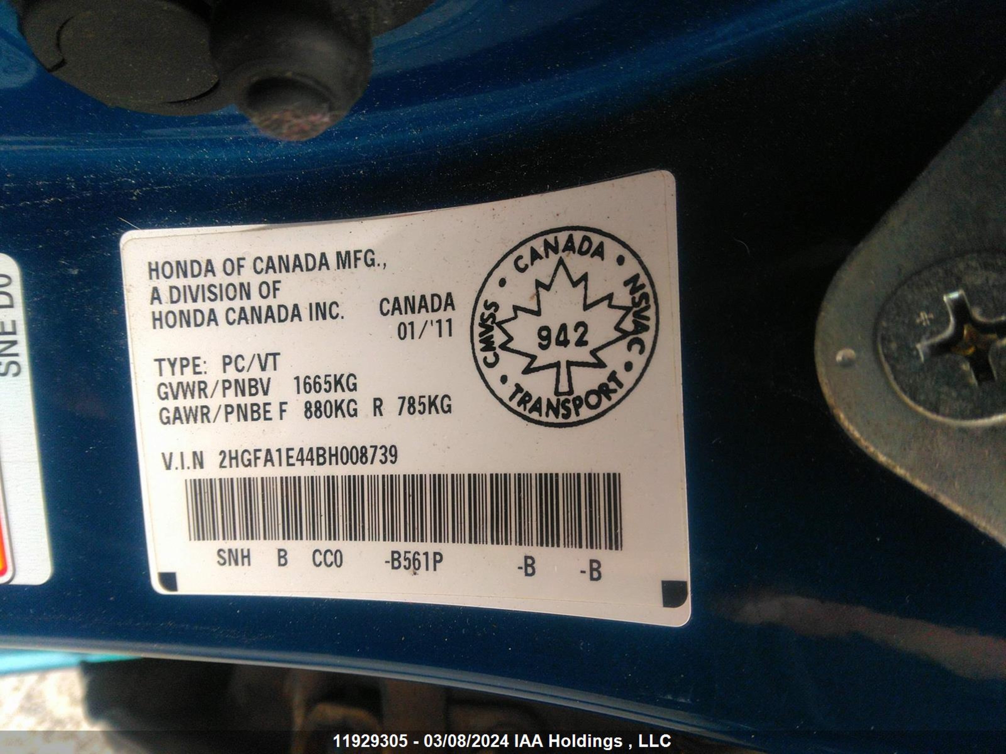 Photo 8 VIN: 2HGFA1E44BH008739 - HONDA CIVIC 