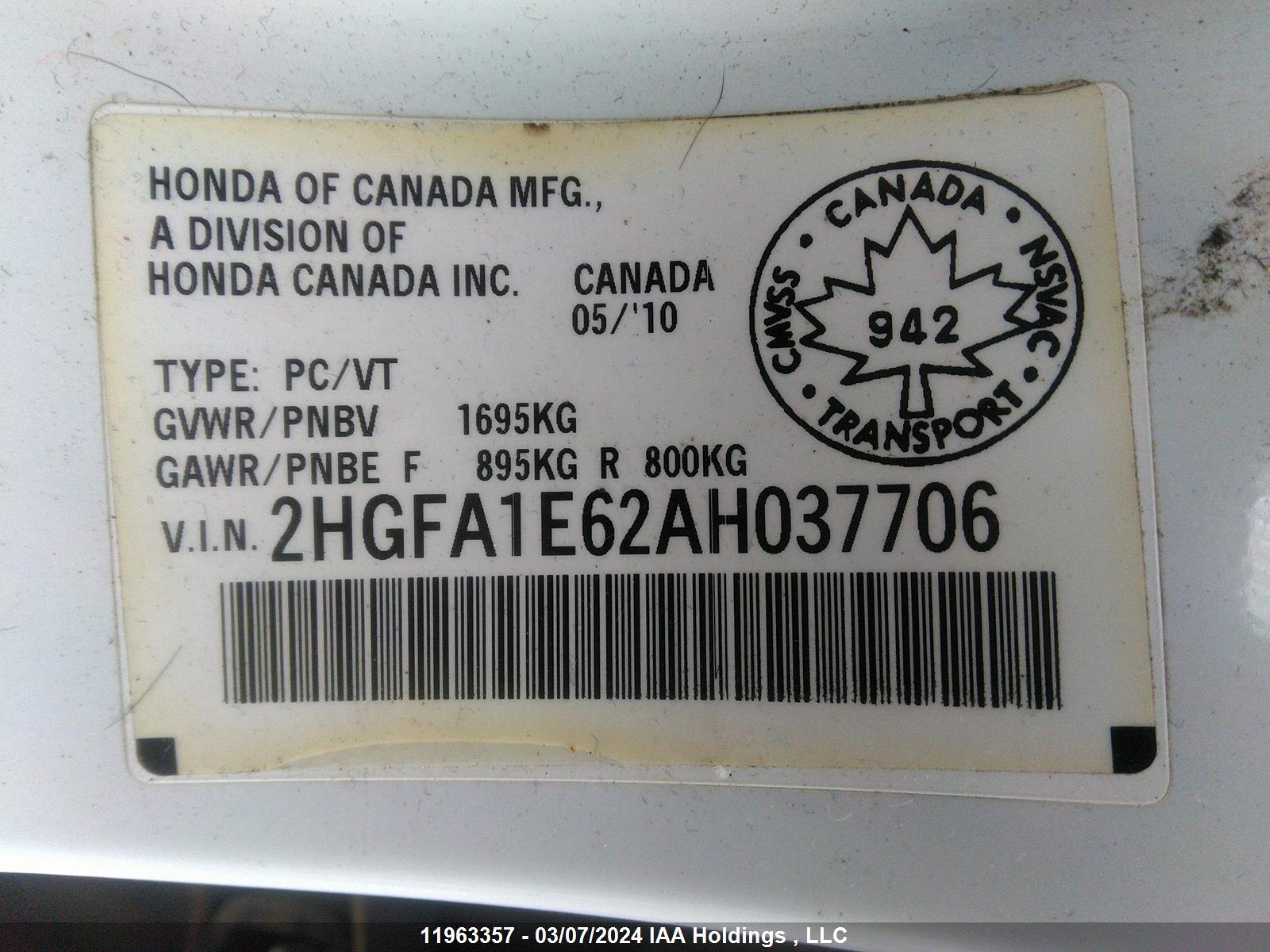 Photo 8 VIN: 2HGFA1E62AH037706 - HONDA CIVIC 